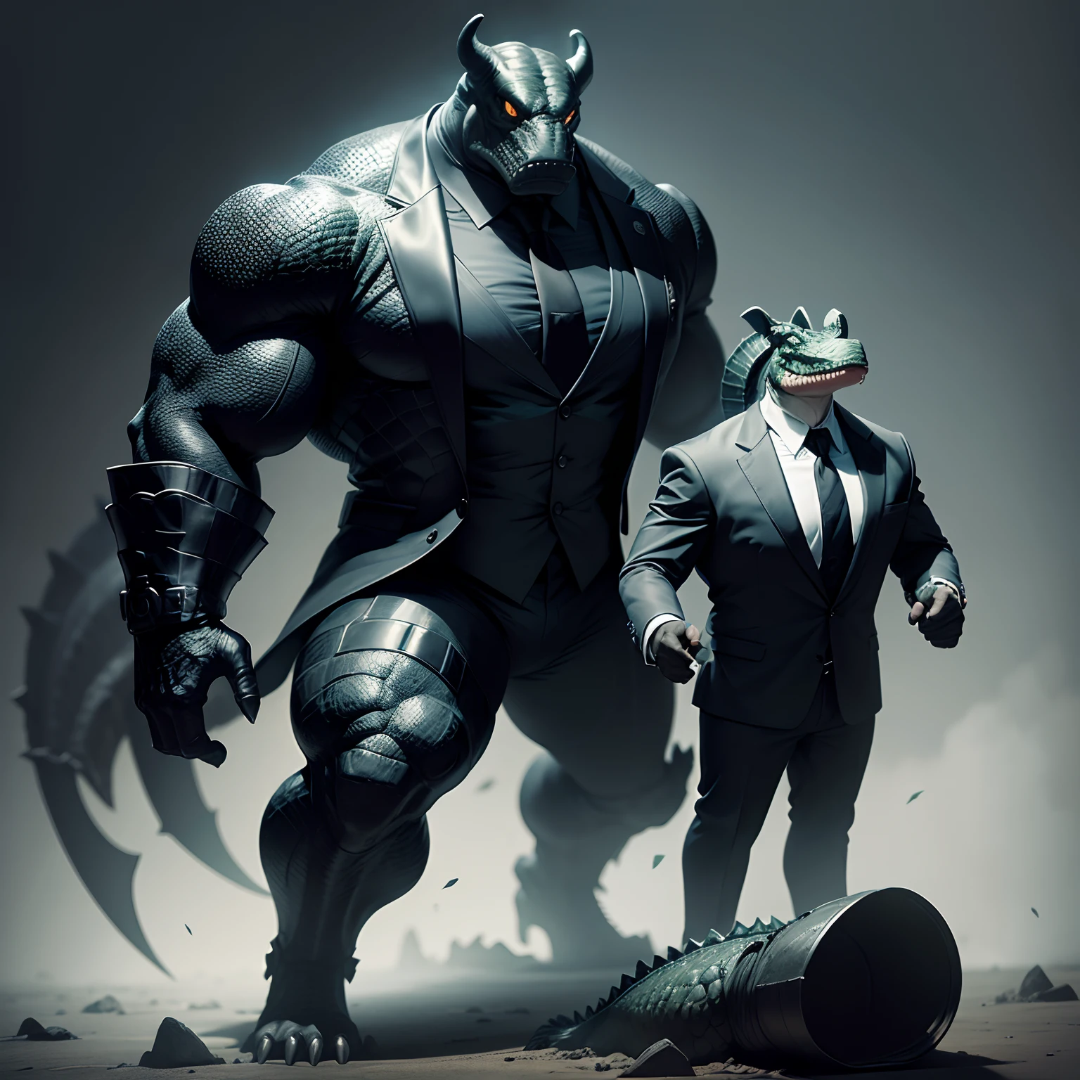 Humanoid crocodile muscled , with a crocodile's head black with a tail with 2 huge arms , in suit with a tie , full body