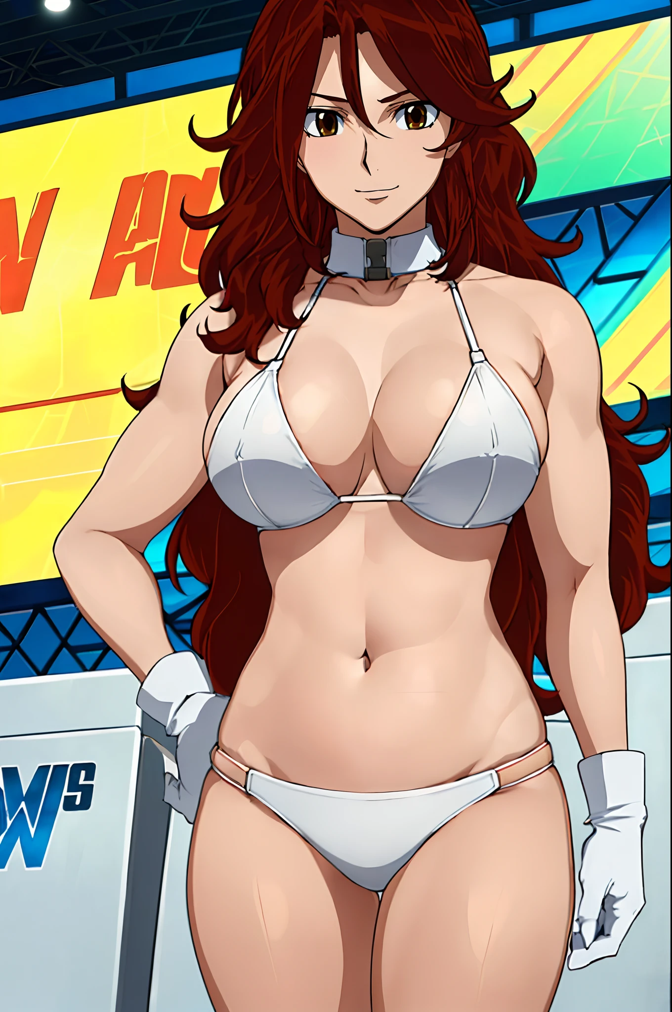 curvy belly, titration screen,, Elegant lady, (upper body only), anime style: 1.8, anime drawing, ultra detailed face, ultra detailed body, 4k, Sumergai Lee Noriega, (standing), best quality, anime style, hires, highest definition, digital blending, bold drawing lines, ((wwe diva), (location: wrestling arena, crowds watching), ( big shoulders, slim body, (wrestler body, thick arms, detailed biceps), , broad shoulders, closed fists, (very curvy: 2.8)), ((white bikini, only, white gloves, collar, hand protector, (champion belt on bare belly))), loser, defeated, sad, (pale skin, big breasts, smile), (big eyes, brown eyes), (clapping), ( brown hair, loose hair, curly hair, wavy hair, long hair, missy hair), 27 years old,