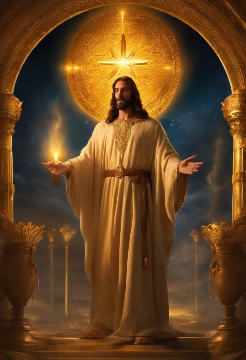 He stood with seven stars in his right hand,, The one who walks among the seven golden candlesticks speaks. Jesus,Appearing in the Book of Revelation,Your majesty,Fantasy,Standing looking ahead