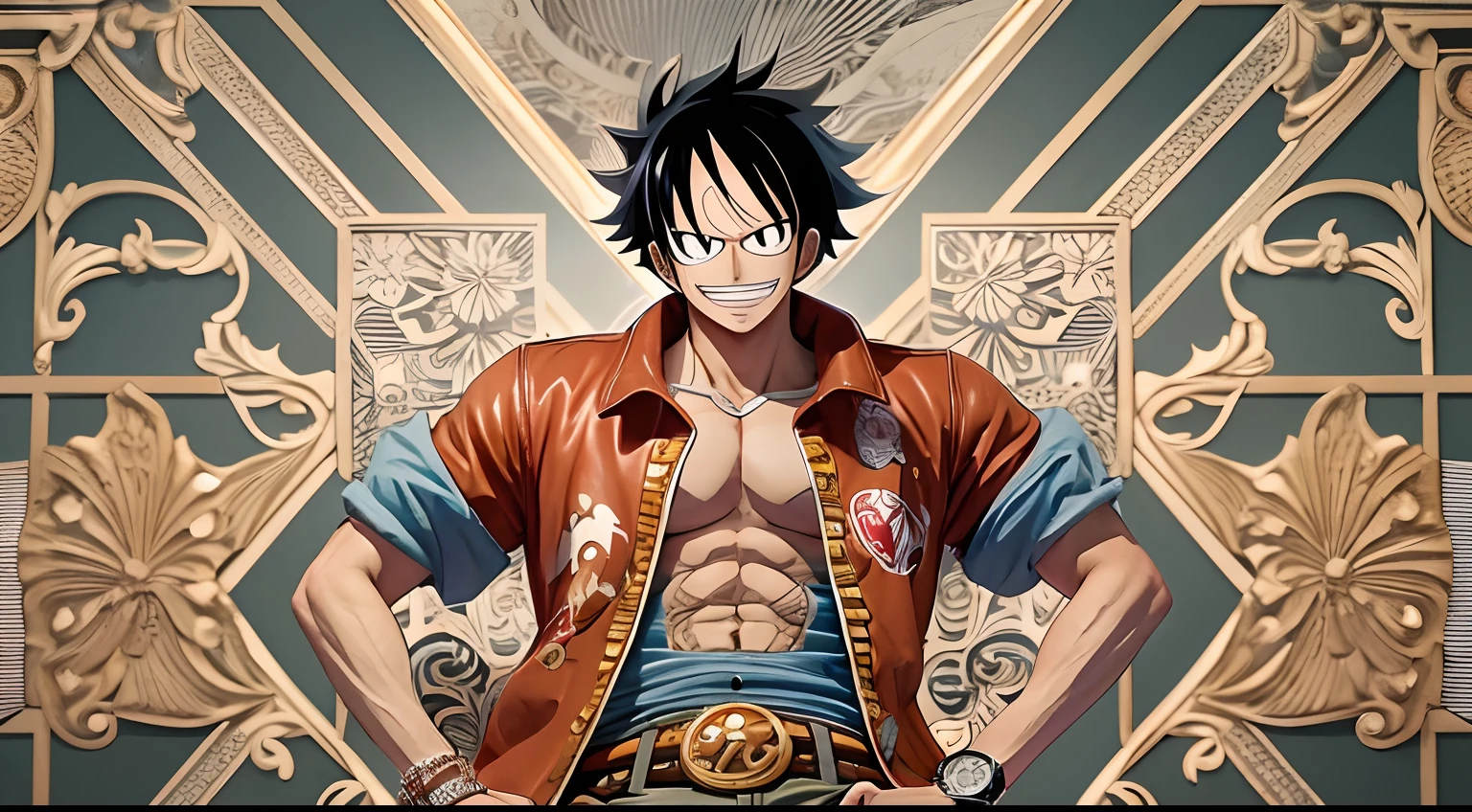 \(One_Piece\), sketchfab, Estilo de arte de anime, estilo de arte de Eiichiro Oda, sozinho, sozinho, 1st , 1menino, 1homem, olhos castanhos claros, cabelo longo grande, roupa completa, t-shirt G, long jeans, logpose, botas pretas, cabelo negro, sorrir, atletic_Corpo, pele parda, scars on the arms, cabelo volumoso longo, cabelo arrepiado, Luvas, cinto, olhos relaxados, body to the waist, (boa qualidade), (bem detalhado),