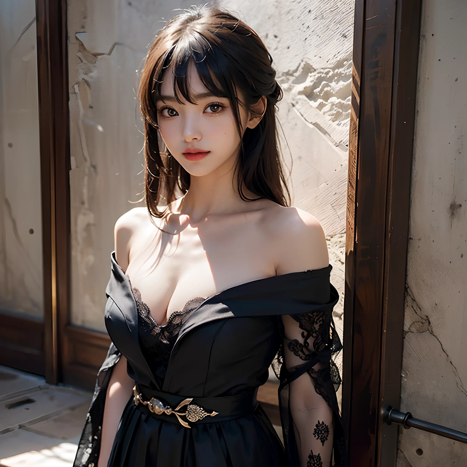 (A hyper-realistic)、(illustratio)、(hight resolution)、(8K)、(ighly detailed)、(Best Illustration)、(beautifully detailed eyes)、(top-quality)、(ultra-detailliert)、(masterpiece)、(wall-paper)、(A detailed face)、独奏、1 girl in、looking at viewert、fine detailed、A detailed face、in the darkness nigth、deep-shadows、lowkey、pureerosfaceace_v1、A smile、long、Black shawl straight hair、46-point diagonal bangs, (silk dresses、long skirt)(off shoulders)View of the castle、、Stand against the wall、full bodyesbian