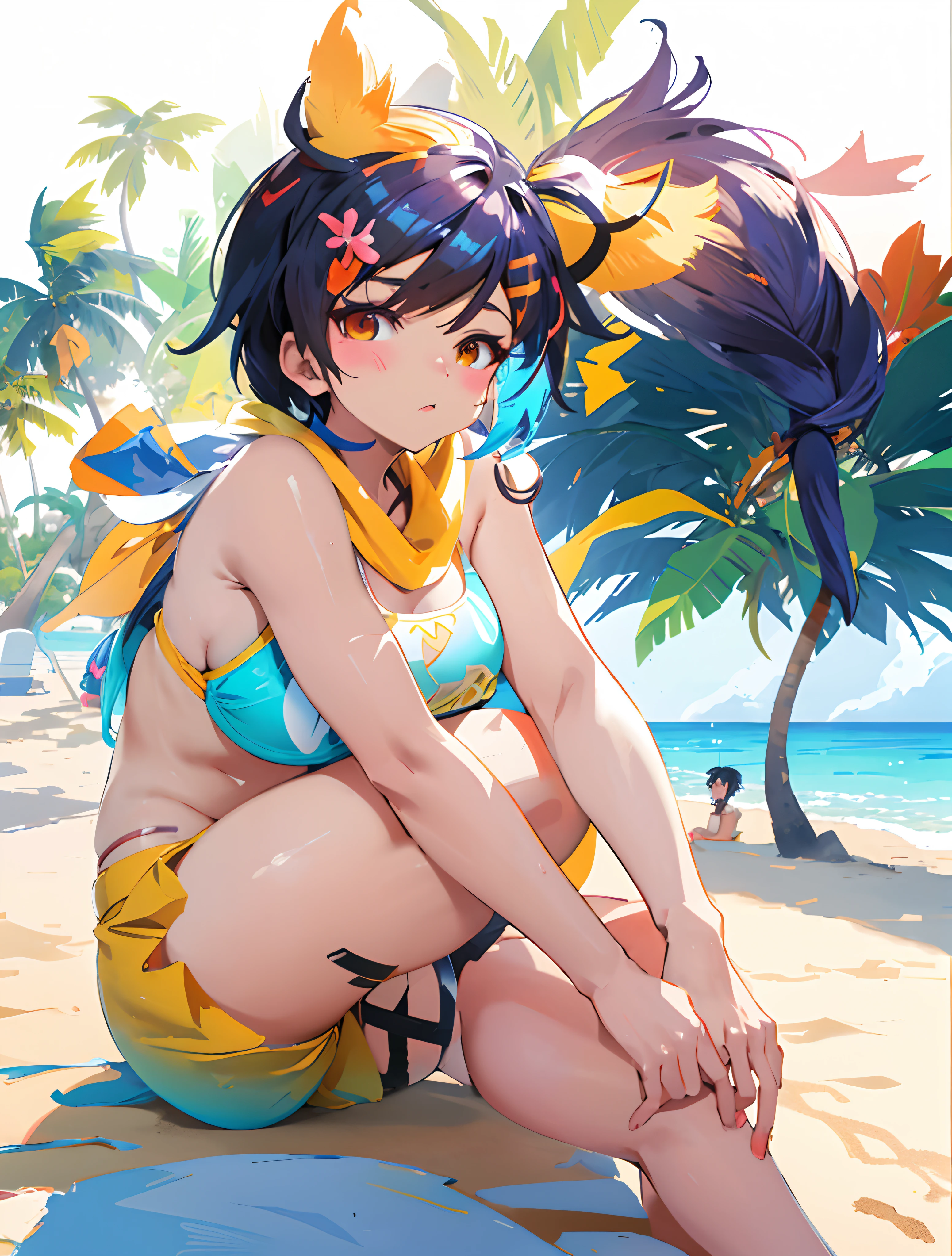 Anime girl sitting on the beach,Feet on the beach, , kda, in the beach, on the beach, overwatch tracer in a bikini, at a tropical beach, relaxing at the beach, in beach, by Kamagurka, sitting in beach, lois van baarle and rossdraws, sandbeach, On a beach