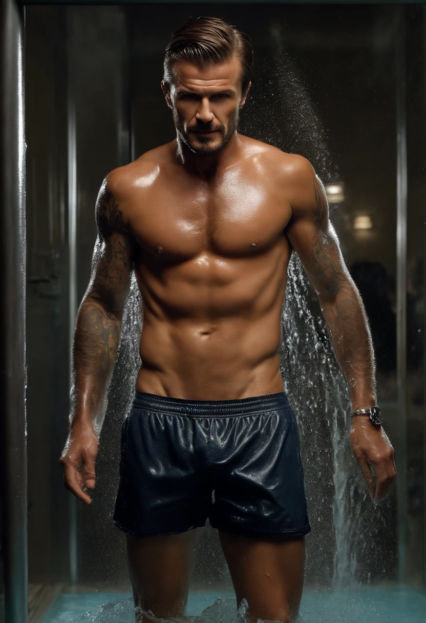 David beckham youg naked in the shower washing, head falling backwards, water falling on his face, hyper realistic, high detail, high quality
 chest hair,  muscles