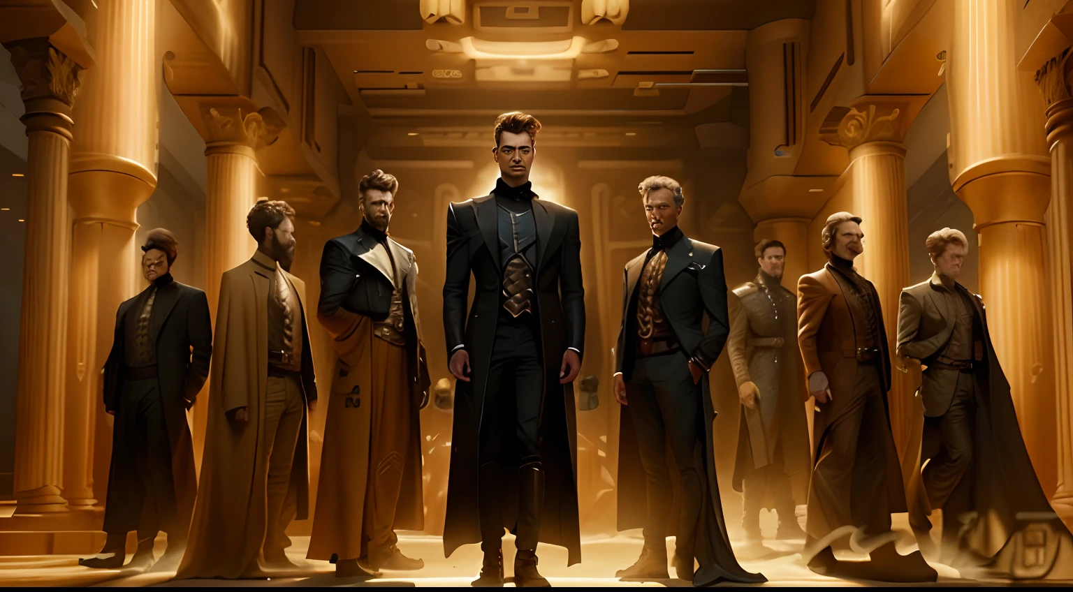 Image of a group of men in suits standing in the hall of Araved, in the 2 0 2 1 movie dune, scene from dune 2 0 2 1 movie, cinematic ligh《Dune - 2021》cinematic Film still from, 《Dune 2020》cinematic Film still from, inspired victorian sci - fi, in an arena in movie dune-2021