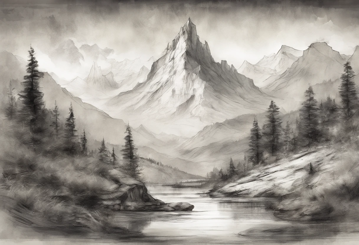 (masterpiece), charcoal sketch on old paper, mountain lanscape,