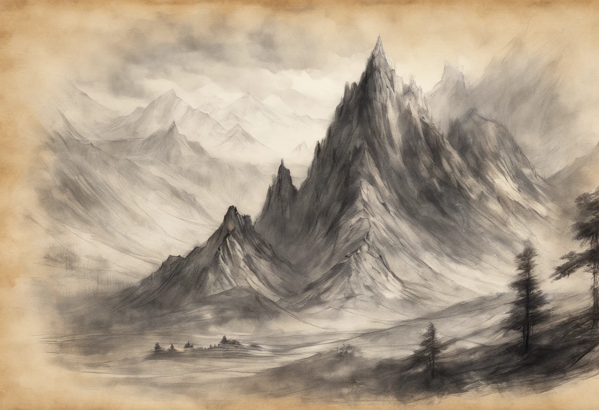 (masterpiece), charcoal sketch on old paper, mountain lanscape,