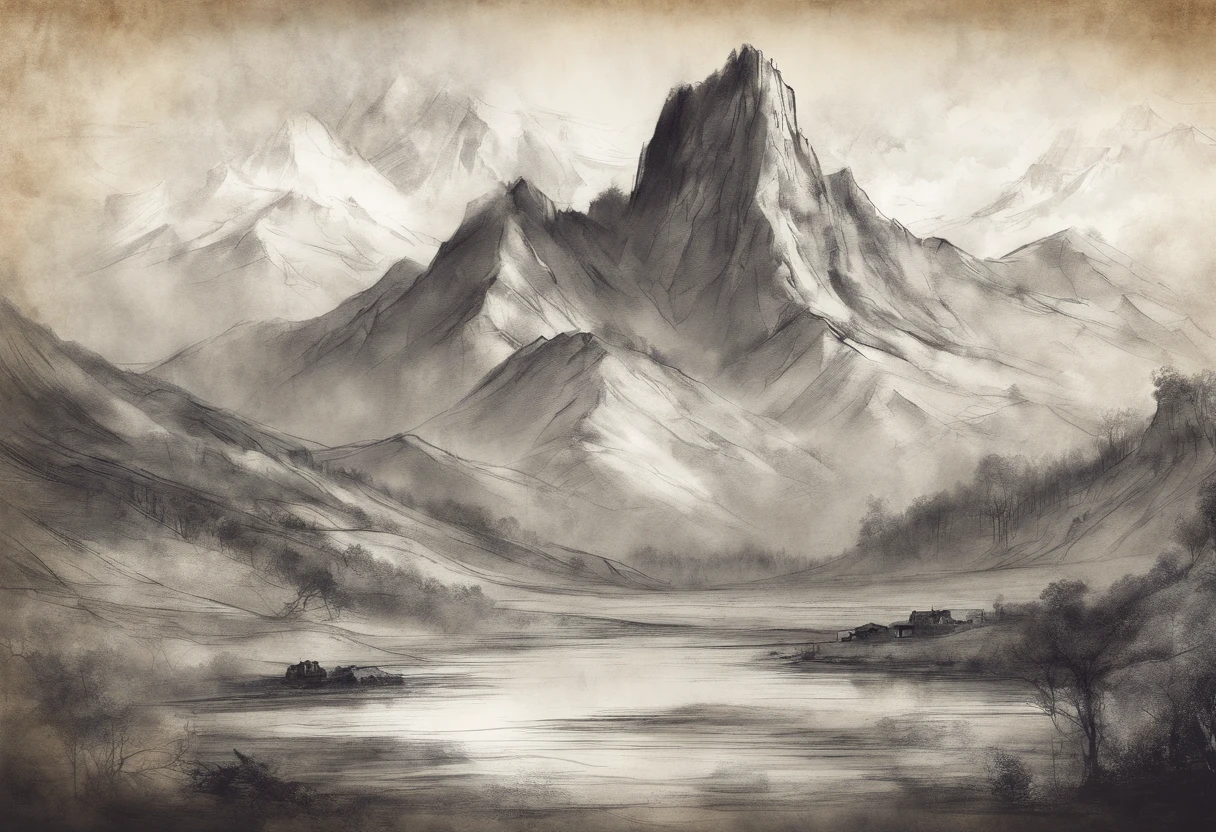 (masterpiece), charcoal sketch on old paper, mountain lanscape,