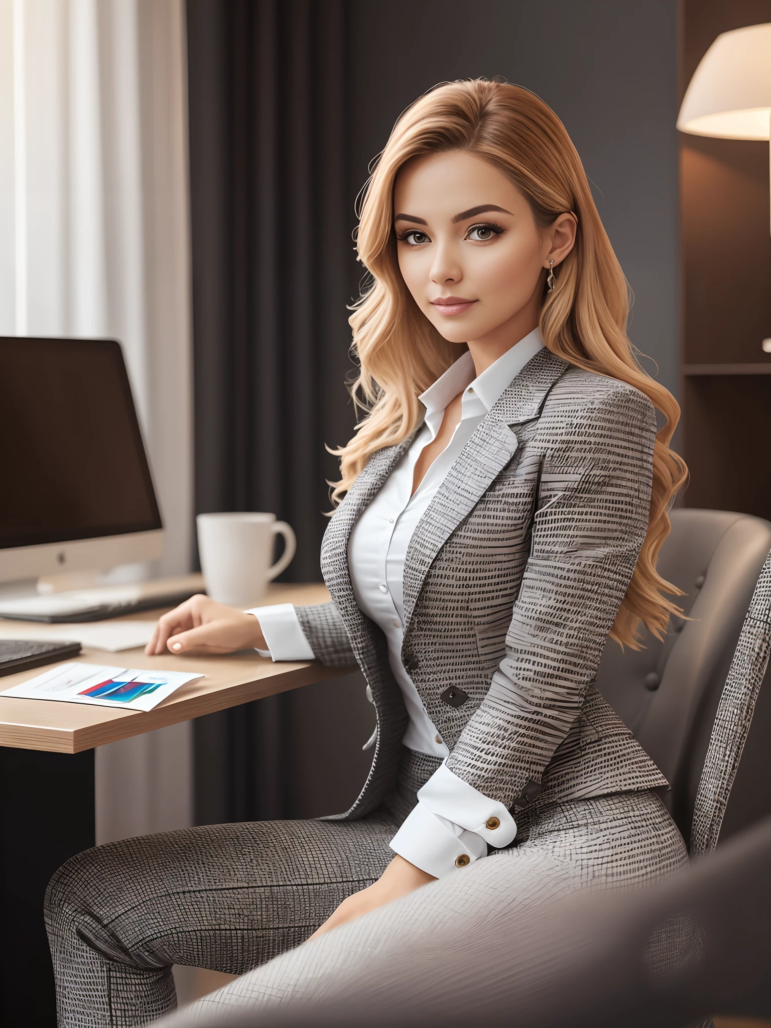 a young gorgeous successful business woman wearing a fine blazer and pants sitting seriously behind a luxurious desk in a luxurious office looking to the camera. front view, Photorealism. —ar 9:16 --auto --s2