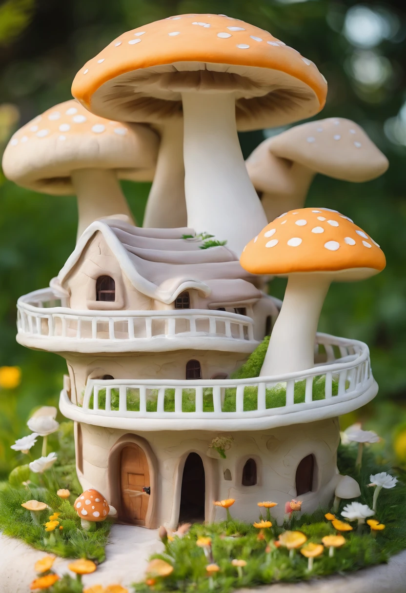 a mushroom shaped house, the garden is full of white dandelions, clay material, cartoonish design style, dreamy, sunlight shining, picnic in the grass