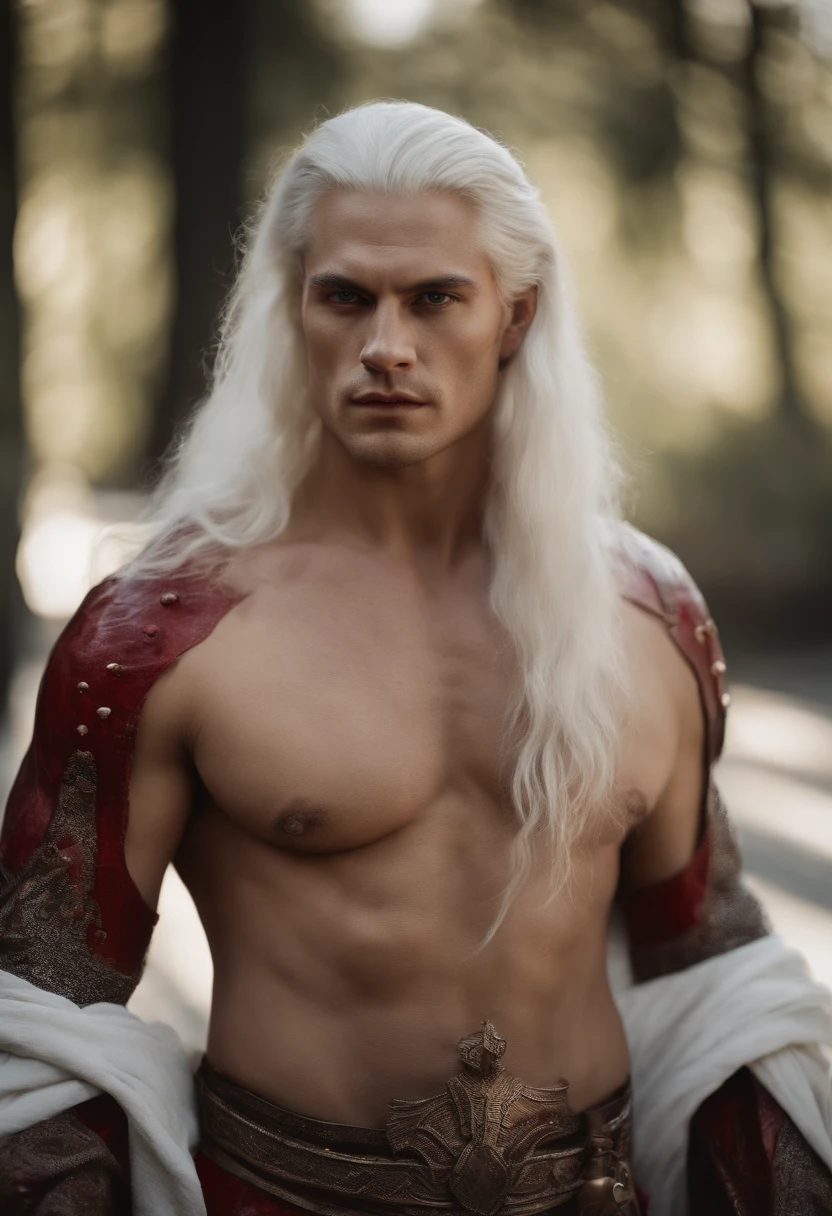 a man with long white hair,pale skin,blood ruby eyes,having a muscular body, wearing a white royale clothes with red veins