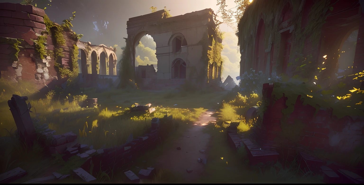 There is a photo of a ruined building in the middle of a field, unreal 5 engine highlly render, Rendered in Cryengine, Рендеринг Cryengine 8 k, ancient overgrown ruins, The Giperrealistic Environment, rendered in unreal engine 5, CryEngine Rendering, высокодетализированная среда, Overgrown ruins, Unreal Engine 5 HDR, ancient overgrown! Ruins