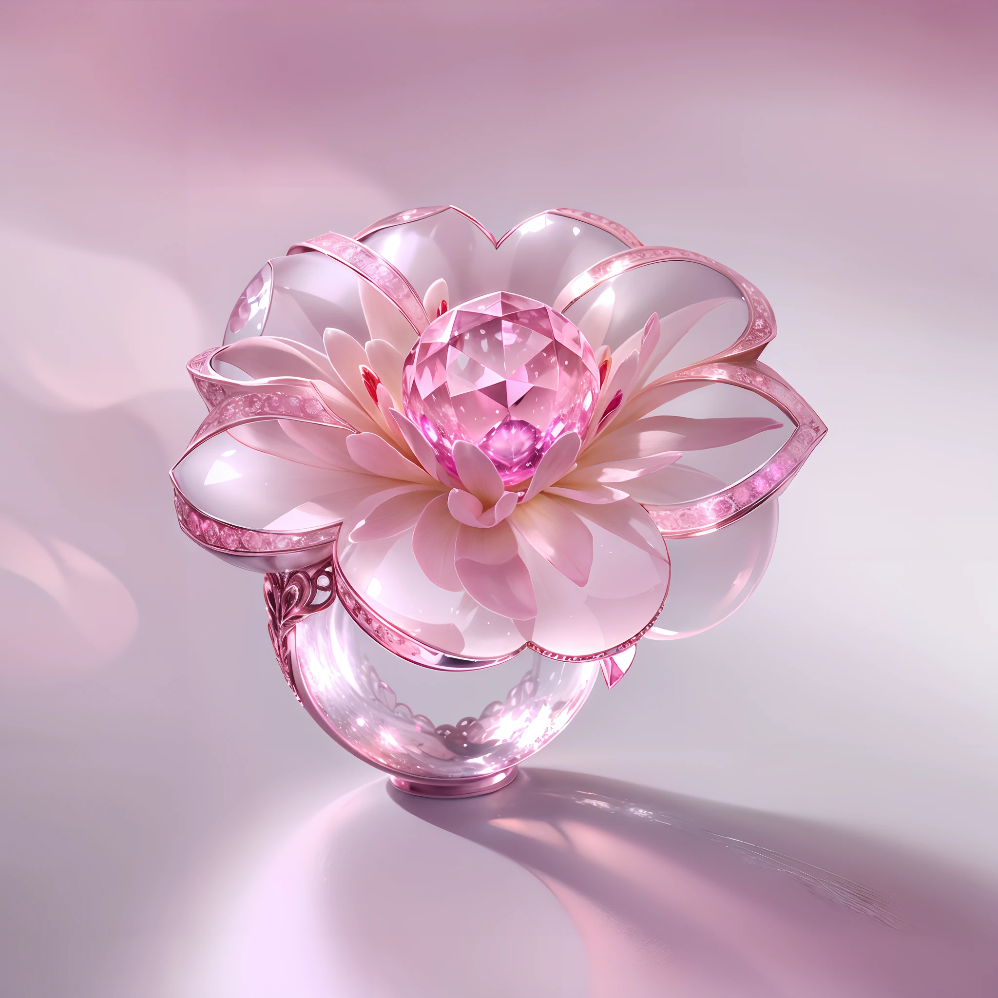 Large flower-shaped ring with pink diamond,Transparent fog,The hemispherical shape looks down from the sky,fanciful,Artistically。