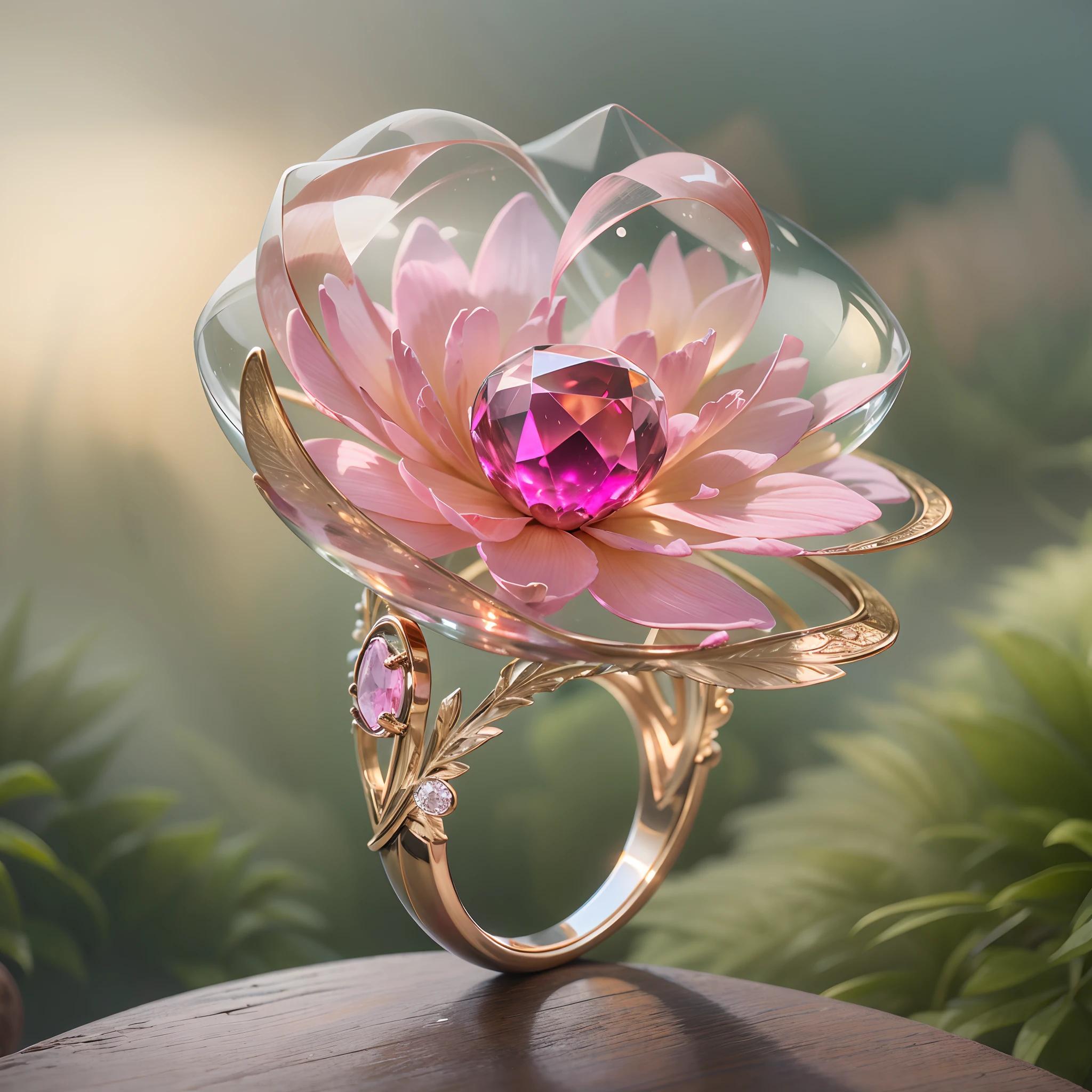 Large flower-shaped ring with pink diamond,Transparent fog,The hemispherical shape looks down from the sky,fanciful,Artistically。
