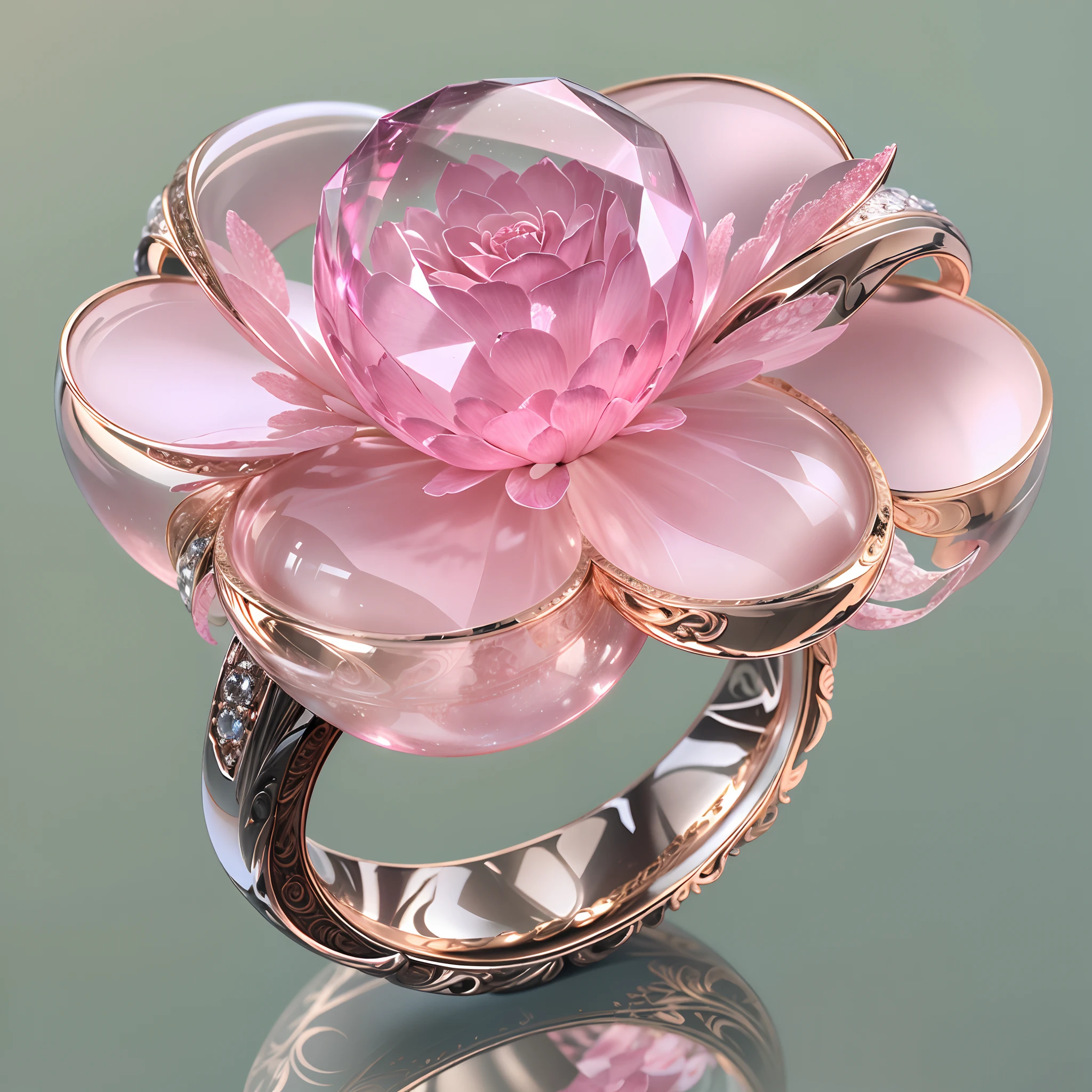 Large flower-shaped ring with pink diamond,Transparent fog,The hemispherical shape looks down from the sky,fanciful,Artistically。