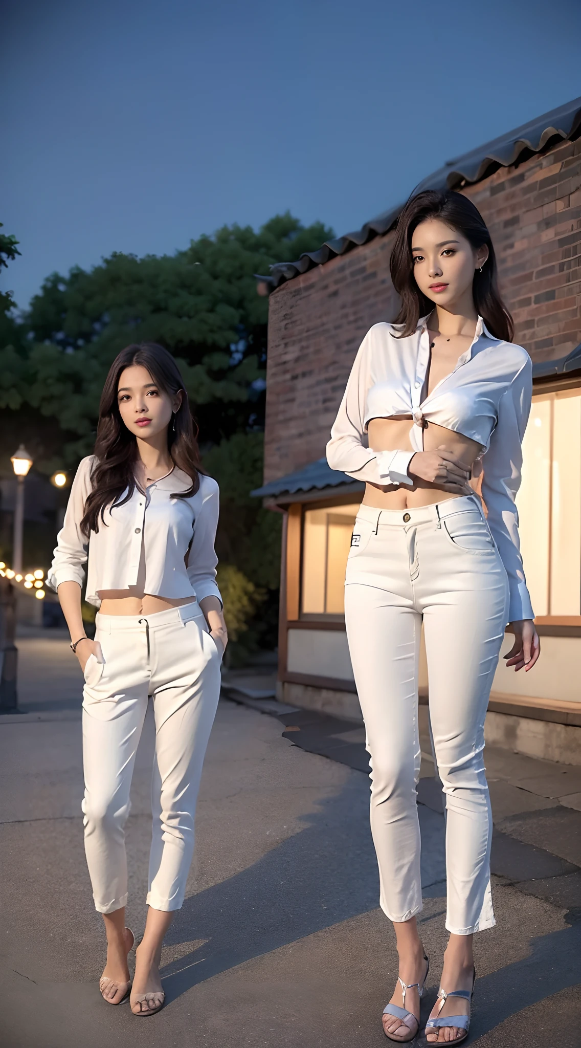 ((midynight, Need, 8K, tmasterpiece:1.3)), full bodyesbian, Long legs, Focalors:1.2, Petite short girl,Skinny:1.4, Slim abs:1.1, ((Medium long straight hair,Dark brown hair, mediuml breasts:1.2 )), (White loose button shirt,Low-rise washed blue flared trousers,detailed outfits:1.2), (standing on your feet:1.2), ((city night scene, the roof:1.3)), Highly detailed facial and skin texture, A detailed eye, 二重まぶた,Beautiful facial features,A smile on his face,shapely legs,Extended mop flared pants,Wear sandals,Reveals tender white toes,Shoot from multiple angles,Show off your slender waist and beautiful narrow hips,Pose sexy seduction,fully body photo