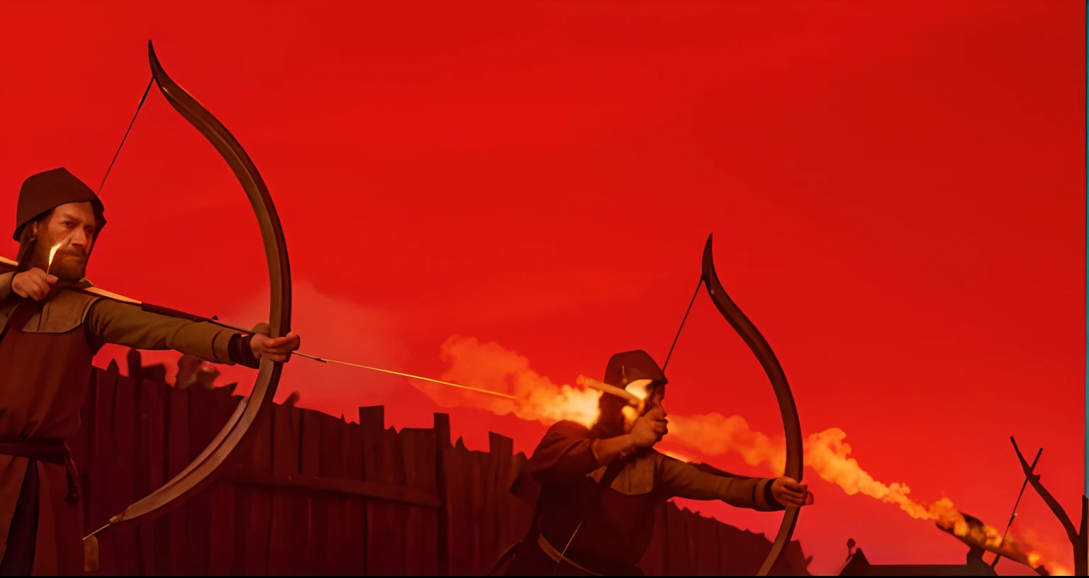 Medieval peasants using bow and arrows, throwing flaming arrows, behind a wooden wall, red sky background