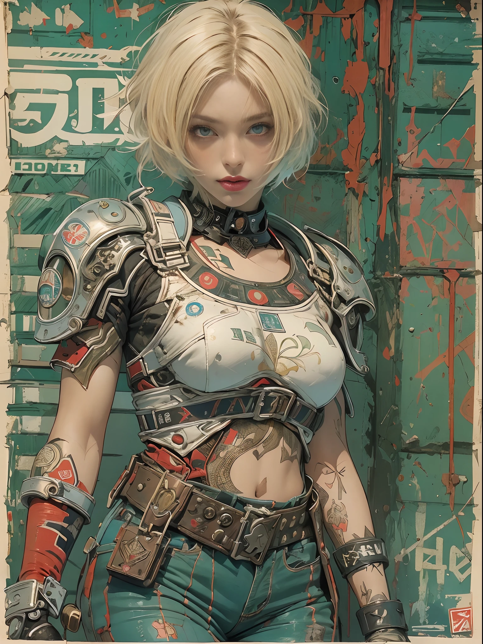 ((top-quality、8K、32K、​masterpiece、nffsw:1.3)), (superfine illustration)、(超A high resolution), (((adult body))), (((1girl in))), ((( Bob Shorthair ))), 25-year-old cyberpunk Soviet gladiator with a perfect body, Shoulder pads with metal spines, Gladiadores in Moscow, (( Bob Shorthair )), Small leather panties, Torn rugby team shirt, Almost naked in Simon Bisley's urban savage style, short blond hair, Minimum clothing, Metal protection on the left arm with complex graphics, red, white and blue stripes, s Armor, Full of tips and rivets, Poison tattoo (((Image from the knee up))), short blue blonde hair, In the background、 There is a wall with an intricate design painted by Shepard Fairey