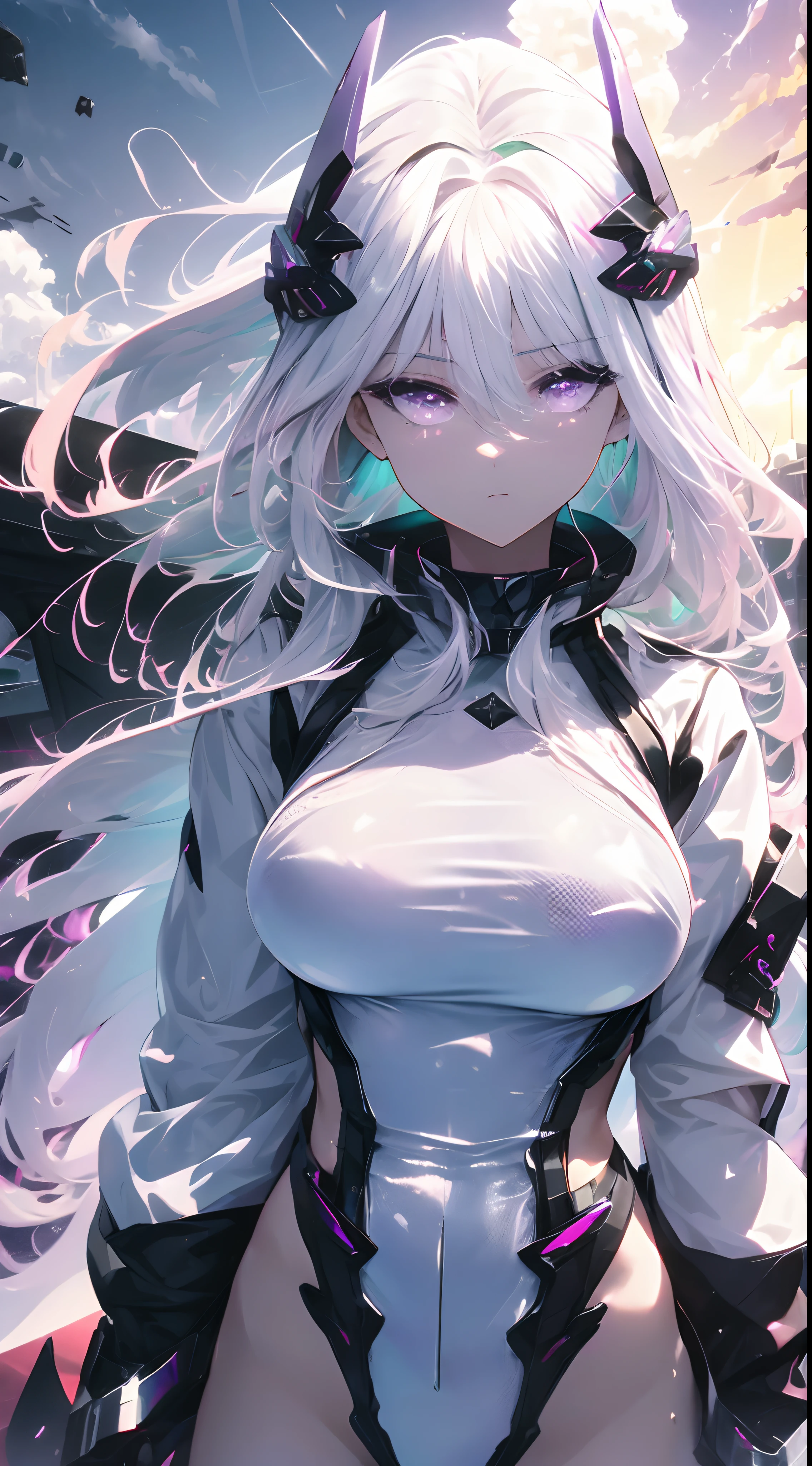 (best quality,4k,8k,highres,masterpiece:1.2),ultra-detailed,HDR,girl:1.1,standing,anime,eyes,sharp focus,military base,uniform,weapon,detailed background,serious expression,cool pose,dynamic lighting,moonlit night,mech in the distance,hairstyle,colorful sunset,sparkling stars,long hair,cloudy sky,cute face,White hair, purple eyes.
