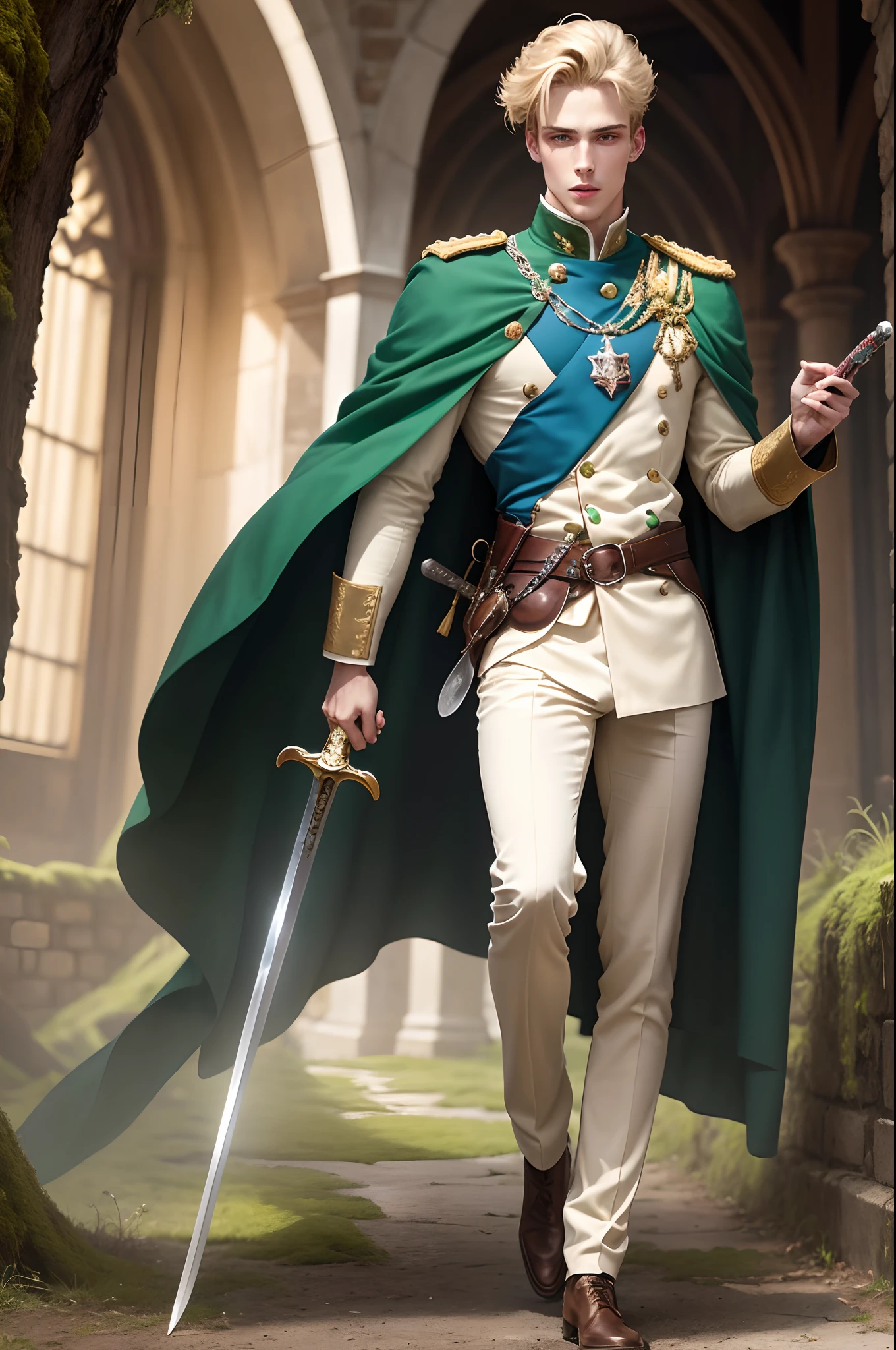 Neels Visser is a prince who has golden blond hair, wears a moss green medieval military outfit, looking straight ahead with a piercing emerald green gaze. full body with a sword at the waist