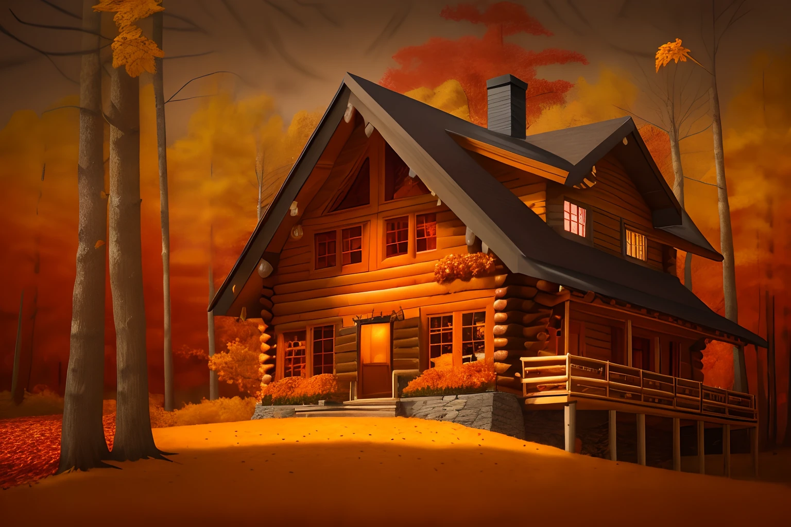 autumnal Log house with autumn leaves