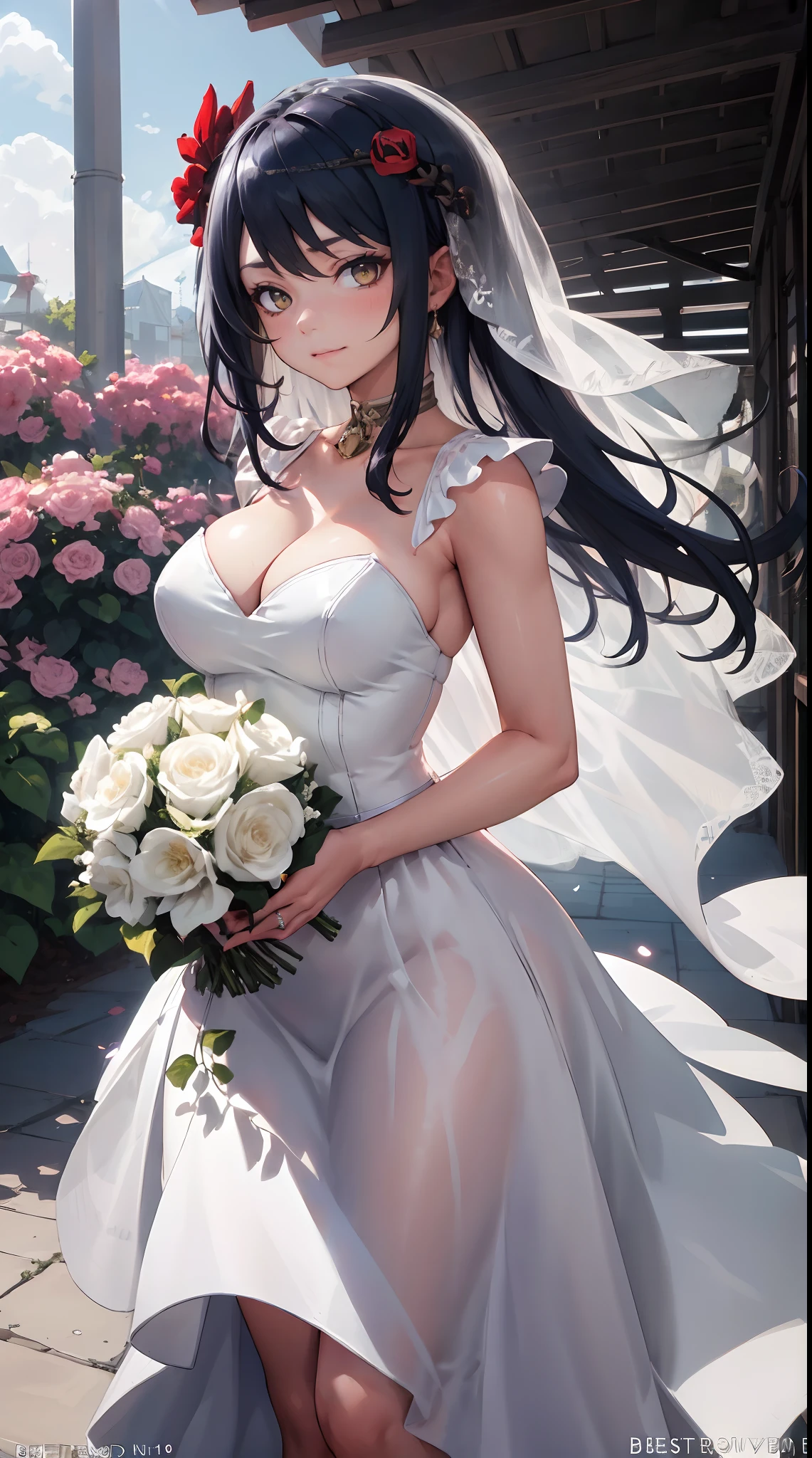 Kujou Sara | genshin impact, master-piece, bestquality, 1girls,25 years old, proportional body, proportional., Wedding Dresses, White Wedding Dress, Long skirt, wedding, ,bara, Standing in the middle of a flower garden, outdoor, wedding, The sky is beautiful, Both hands hold a bouquet of flowers........................................................, View viewers from the front., Thigh strap, Head tilt, bored, 10, 10, HD, slight smile,