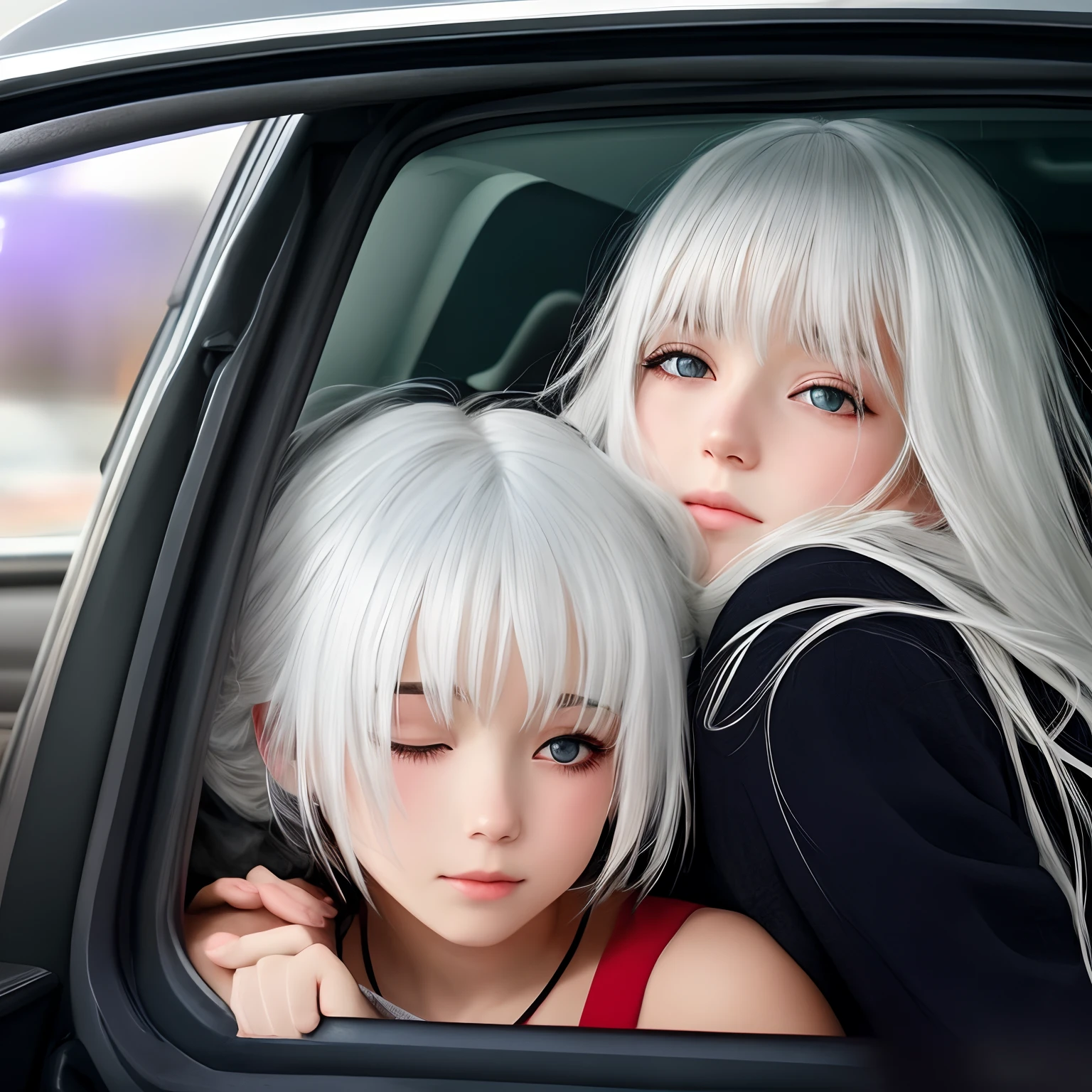 A white haired girl getting kidnapped in the back of a car passed out at night