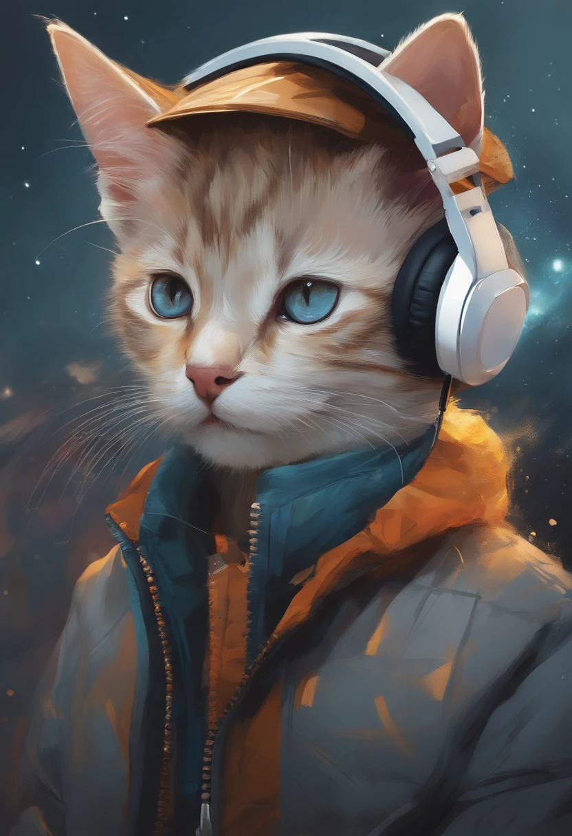 Perfect centering, A cute kitten all over, Wear a student jacket, Wearing sunglasses, Wearing headphones, Standing position, Abstract beauty, Centered, Looking at the camera, Facing the camera, nearing perfection, Dynamic, Moonlight, Highly detailed, Digital painting, art stations, concept-art, smooth, Sharp focus, 8K, high definition resolution, illustration, Art by Carne Griffiths and Wadim Kashin, White background