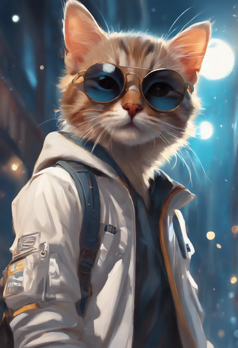 Perfect centering, A cute kitten all over, Wear a student jacket, Wearing sunglasses, Wearing headphones, Standing position, Abstract beauty, Centered, Looking at the camera, Facing the camera, nearing perfection, Dynamic, Moonlight, Highly detailed, Digital painting, art stations, concept-art, smooth, Sharp focus, 8K, high definition resolution, illustration, Art by Carne Griffiths and Wadim Kashin, White background