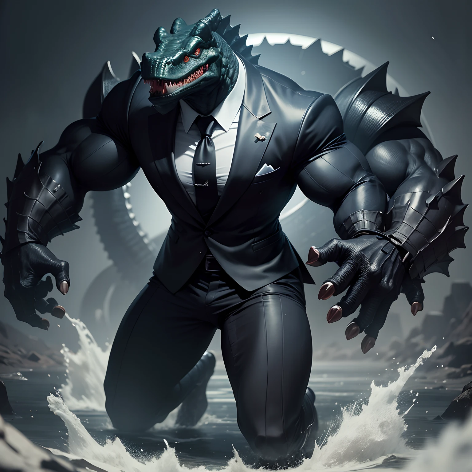 Humanoid crocodile muscled , with a crocodile's head black with a tail with 2 huge arms , in suit with a tie , full body