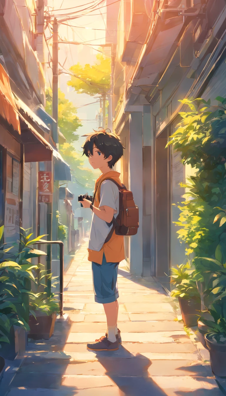A boy taking a picture,Camera in hand,photographers,Back Shadow ,Super detail, High details