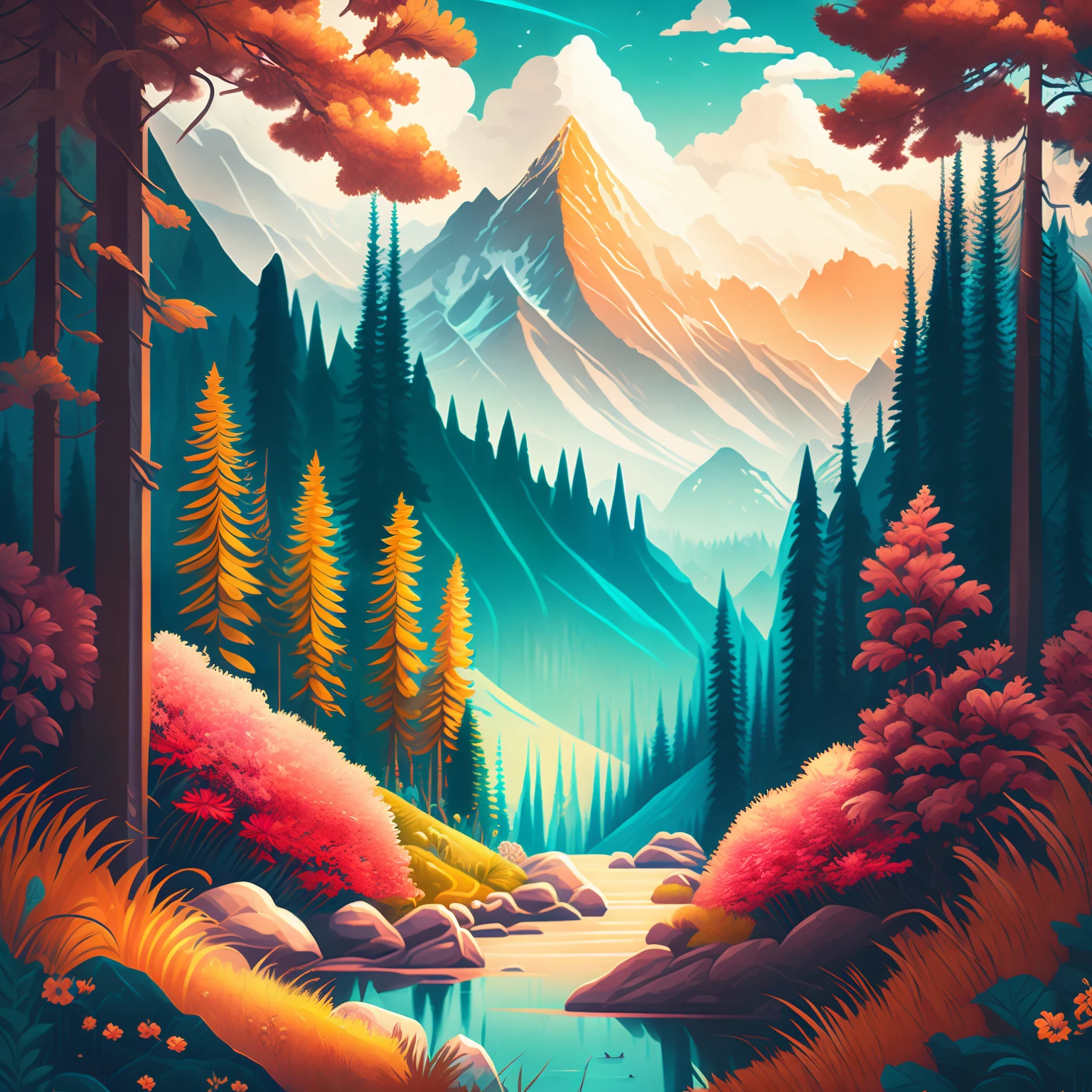 A forest in a summer landscape mountains and flowers, T-shirt design, midjourney, vector art, hydro74, all art should be inside canvas