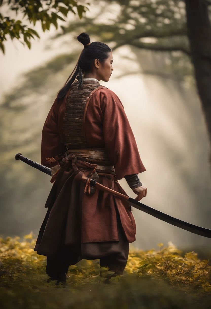 Mann, Samurai mittleren Alters meditieren im Freien, flatterndes Haar, Mondlichtszenerie und verschwommener Hintergrund (Meisterwerk) (8K High definition) (best qulaity) (Ultra-Definition) (Ultra-realistisch)(Foto RAW) (Realistisches Foto) (helle Ausleuchtung)