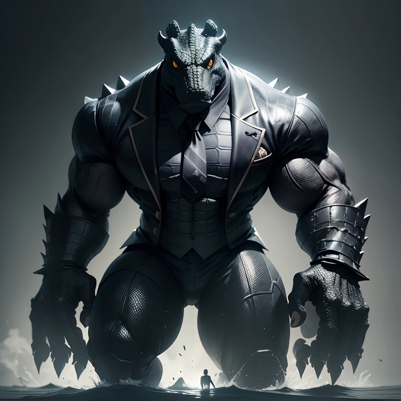 Humanoid  crocodile muscled ,  with a crocodile's head black with  a tail with 2 huge arms ,  in suit with a tie , full body