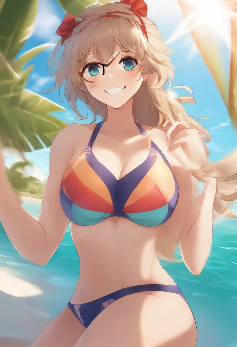 anime style, beach, swimsuit, close-up, smile, glasses, large breasts, sunrays, anime, summer day, plus size girl