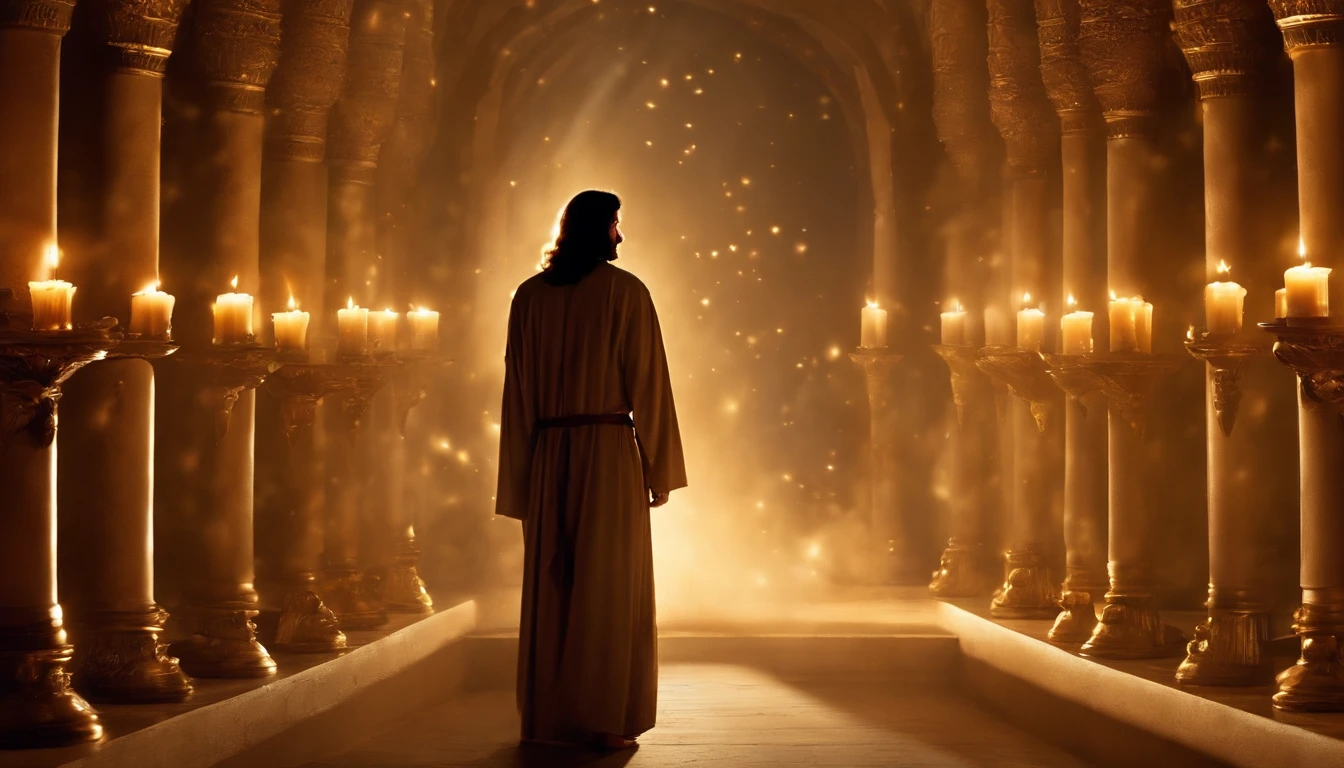 He stood with seven stars in his right hand,, The one who walks among the seven golden candlesticks speaks. Jesus,Appearing in the Book of Revelation,Your majesty,Fantasy,Standing looking ahead, Your feet are like shining jewels Seven golden candlesticks lit up next to facing the front