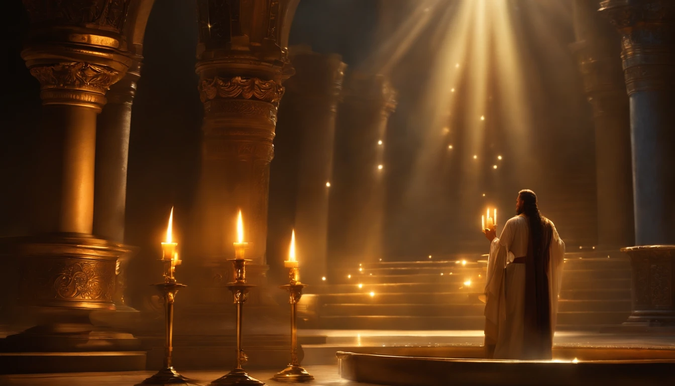 He stood with seven stars in his right hand,, The one who walks among the seven golden candlesticks speaks. Jesus,Appearing in the Book of Revelation,Your majesty,Fantasy,Standing looking ahead, Your feet are like shining jewels Seven golden candlesticks lit up next to facing the front