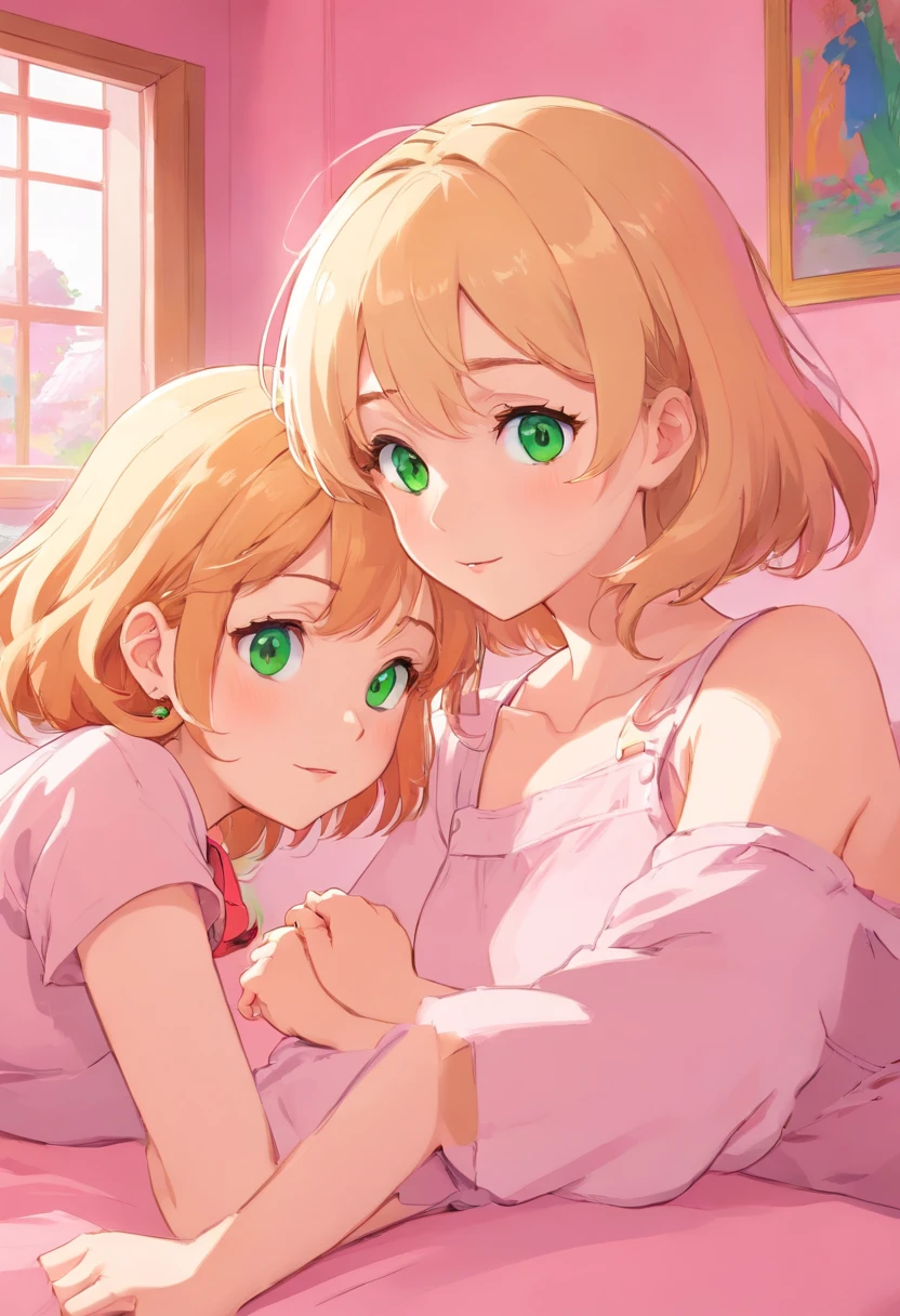 a girl with short red hair. another blonde girl with green eyes and blonde, she has a pink streak. They are in a pink room, lying on the bed. The one with red hair barely has any clothes on, and the blonde one wears a skirt, looking a little shy. anime style