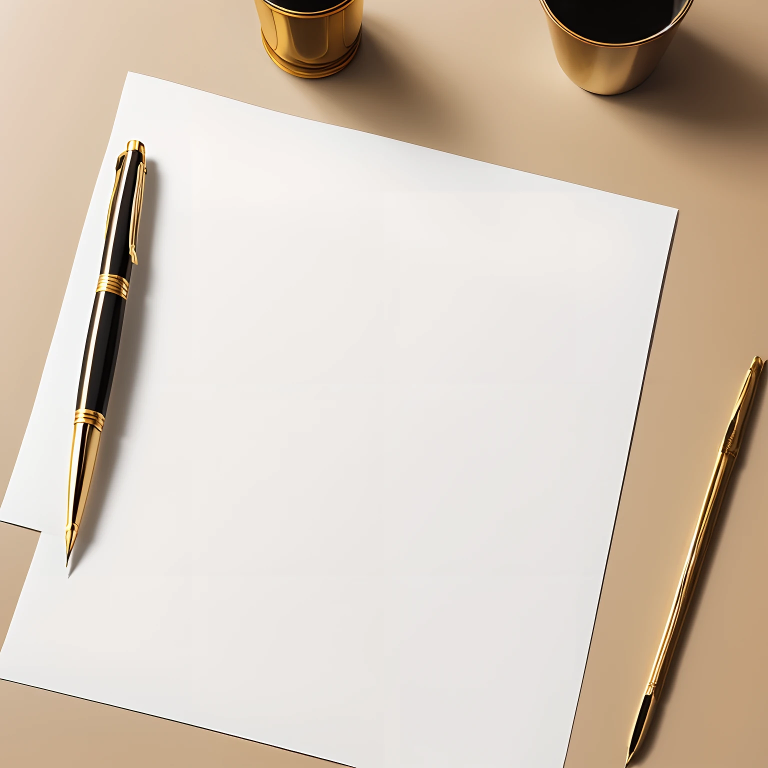 A golden ink pen on a plain white paper