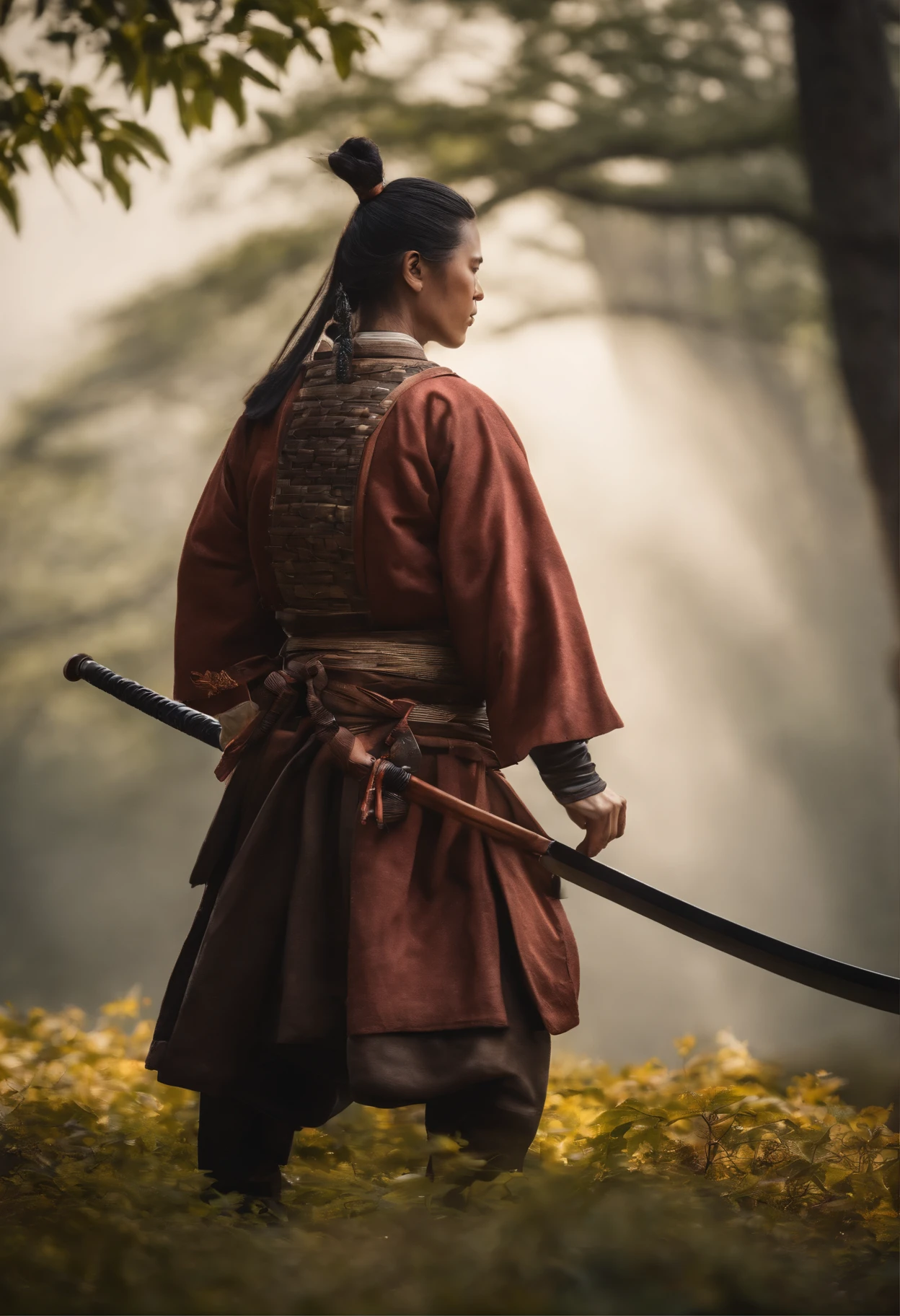 Mann, Samurai mittleren Alters meditieren im Freien, flatterndes Haar, Mondlichtszenerie und verschwommener Hintergrund (Meisterwerk) (8K High definition) (best qulaity) (Ultra-Definition) (Ultra-realistisch)(Foto RAW) (Realistisches Foto) (helle Ausleuchtung)