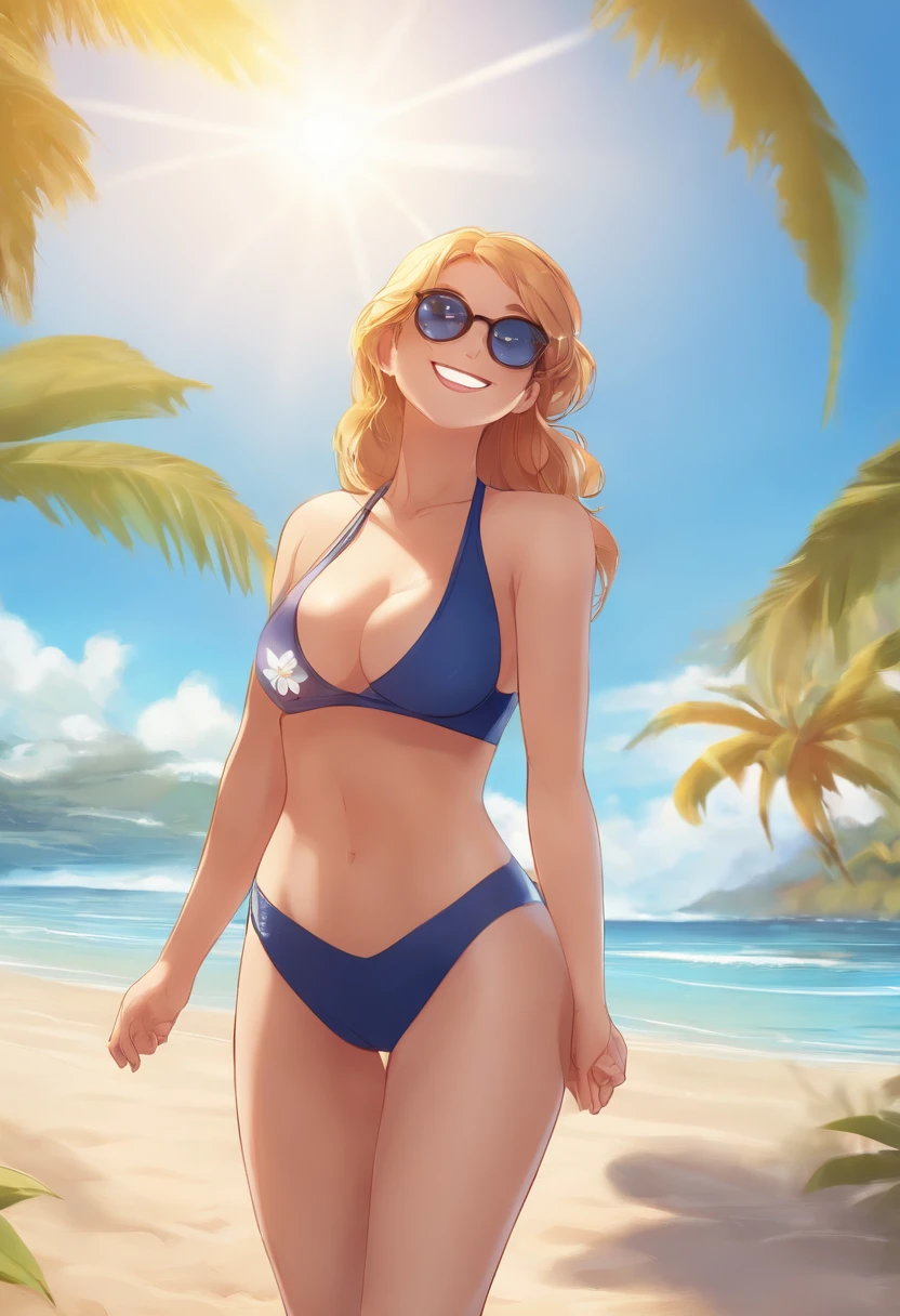 anime style, beach, swimsuit, close-up, smile, glasses, large breasts, sunrays, anime, summer day, plus size anime, happy