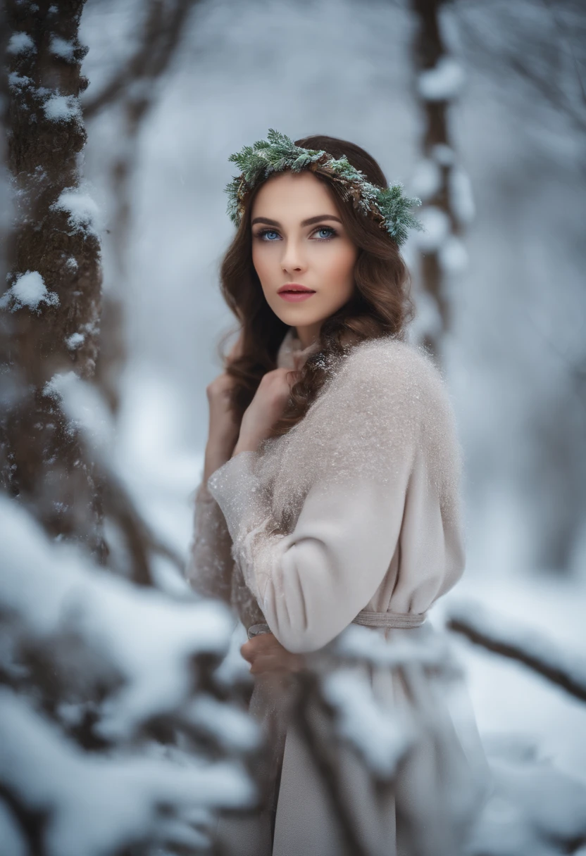 retrato, alta calidad, Ukrainian Fairy Fairy Winter Snow in Forest Through Trees Around 10 Years, ojos azules, piel suave, ((La mejor calidad, 8k, Obra maestra :1.3)), 1girl, Pretty girl , Traje casual :1.2, en el bosque, Cara ultra detallada, ojos detallados, 二重まぶた