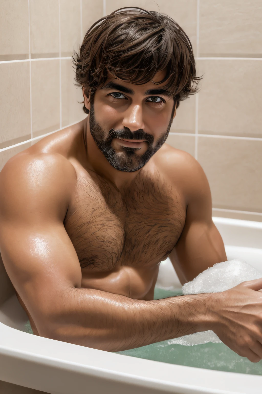 A man with a comical expression, Relaxando em uma banheira, while looking directly at the camera." funny face