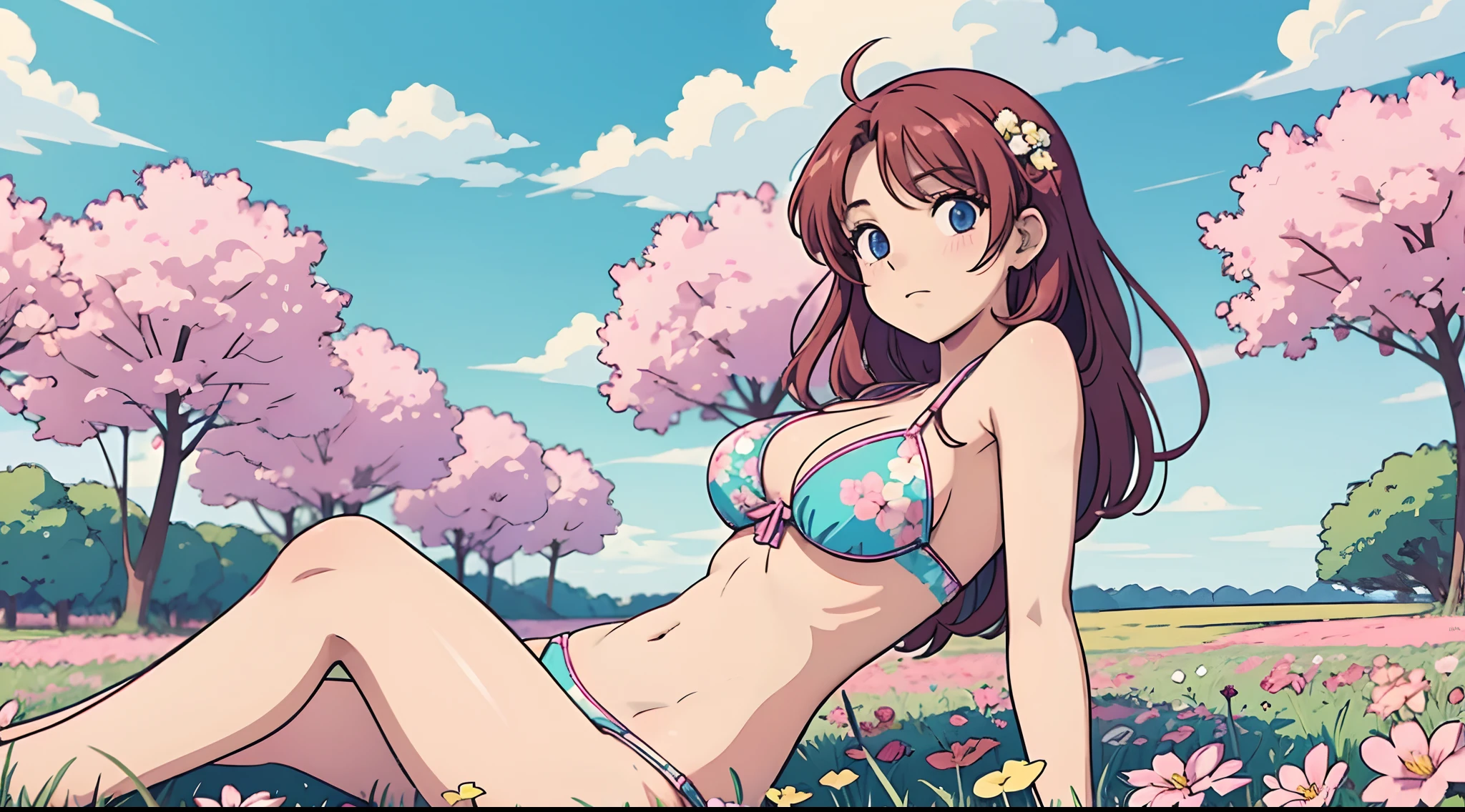 80s anime-style anime girl sitting in bikini a field of flowers and looking at the camera, sonriente. color pastel