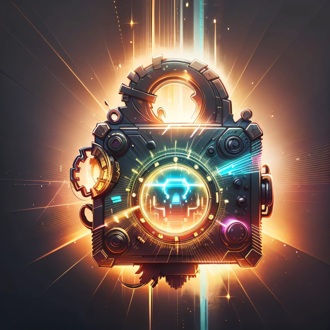 A golden padlock suspended in the center, radiating a warm and inviting glow. The padlock is intricately designed with ornate patterns and symbols, giving it an aura of mystery and significance. Behind it, a dark background serves as a canvas, contrasting with the padlock's brilliance. Brilliant streams of yellow and green lights converge upon the padlock, casting vibrant beams that dance across the scene. These lights create an otherworldly ambiance, reminiscent of a metaverse filled with cybernetic wonders. The lights form intricate patterns, almost like an encrypted code, transforming the backdrop into a mesmerizing tapestry of luminescence. It's as if the padlock is the key to accessing a holographic realm of futuristic possibilities.