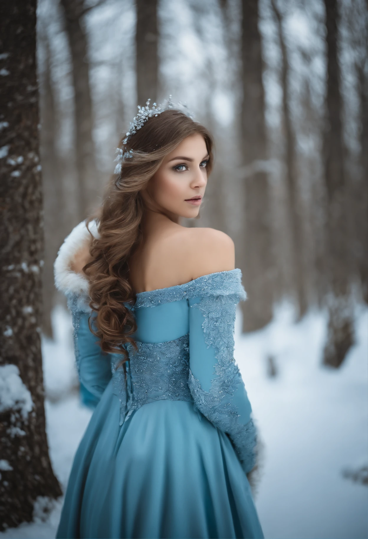 retrato, alta calidad, Ukrainian Fairy Fairy Winter Snow in Forest Through Trees Around 10 Years, ojos azules, piel suave, ((La mejor calidad, 8k, Obra maestra :1.3)), 1girl, Pretty girl , Traje casual :1.2, en el bosque, Cara ultra detallada, ojos detallados, 二重まぶた