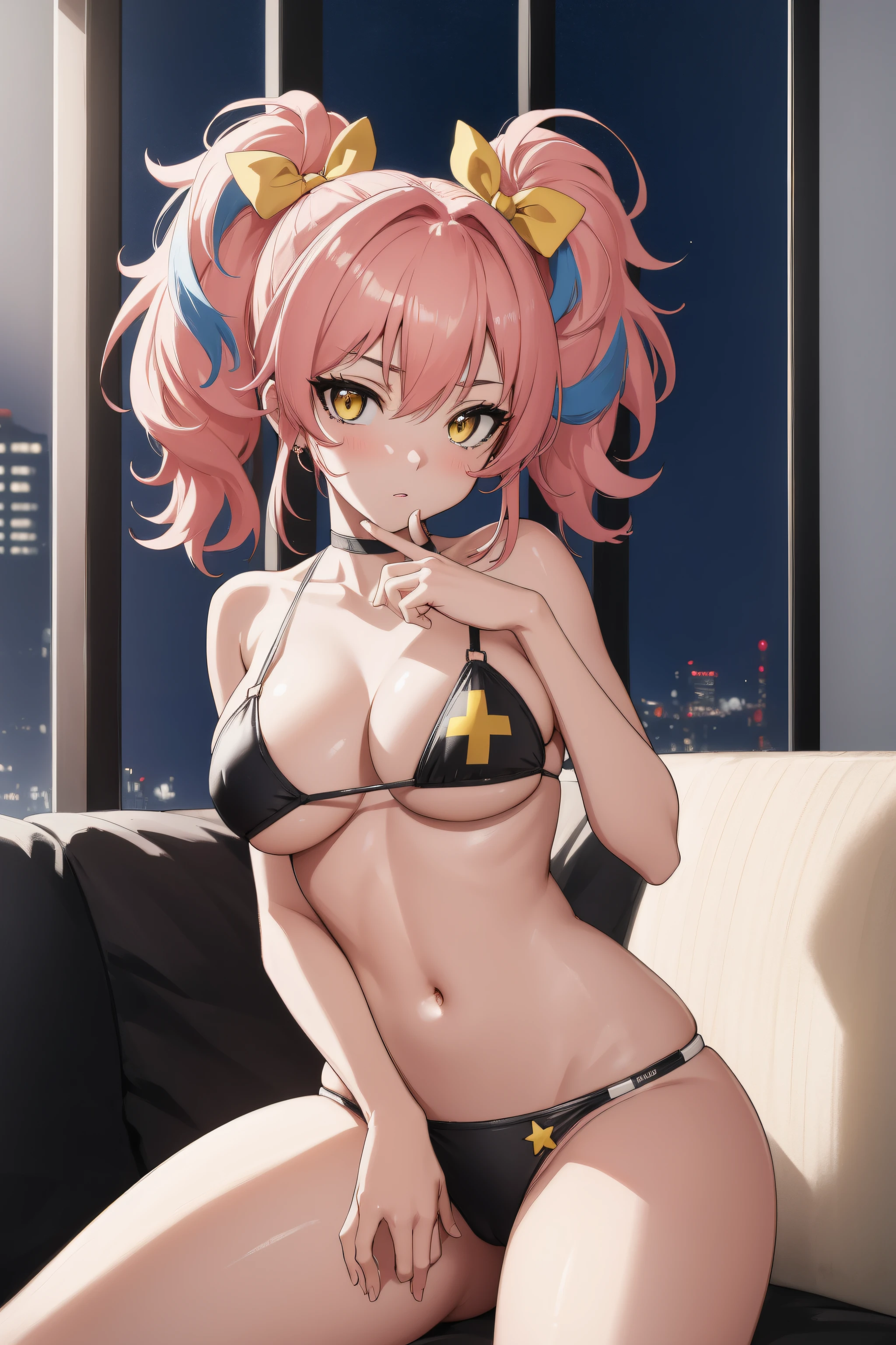 (Night:1.7), Cyberpunk_CityView, Before Window,in front of a wall with a clock,
sitting at attention,sitting on couch,
swimsuit,
mika jougasaki, hair bow, long hair, pink hair, (yellow eyes:1.5), twintails, hair ribbon, hair bow,
1 girl, 20yo,young female,Beautiful Finger,Beautiful long legs,Beautiful body,Beautiful Nose,Beautiful character design, perfect eyes, perfect face,
looking at viewer, (innocent_big_eyes:1.0),(expressionless:1.3),
NSFW,official art,extremely detailed CG unity 8k wallpaper, perfect lighting,Colorful, Bright_Front_face_Lighting,
(masterpiece:1.0),(best_quality:1.0), ultra high res,4K,ultra-detailed,
photography, 8K, HDR, highres, absurdres:1.2, Kodak portra 400, film grain, blurry background, bokeh:1.2, lens flare, (vibrant_color:1.2)
(Beautiful,medium_Breasts:1.4), (beautiful_face:1.5),(narrow_waist),(perfect hands, perfect anatomy),