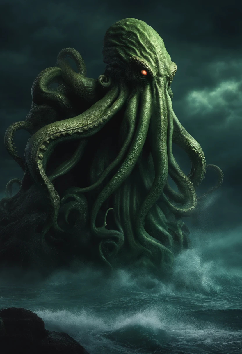 Cthulhu Lovecraft ,Cthulhu, Lovecraft ,Works by HP Lovecraft ,organism, Dark ocean, terroral, mist, mist, funk ,horrid,Left Side ,Dramatic, Dramatic lighting , cinematic lightning, Master parts,best qualityer, Ultra photo realsisim, highly detailed