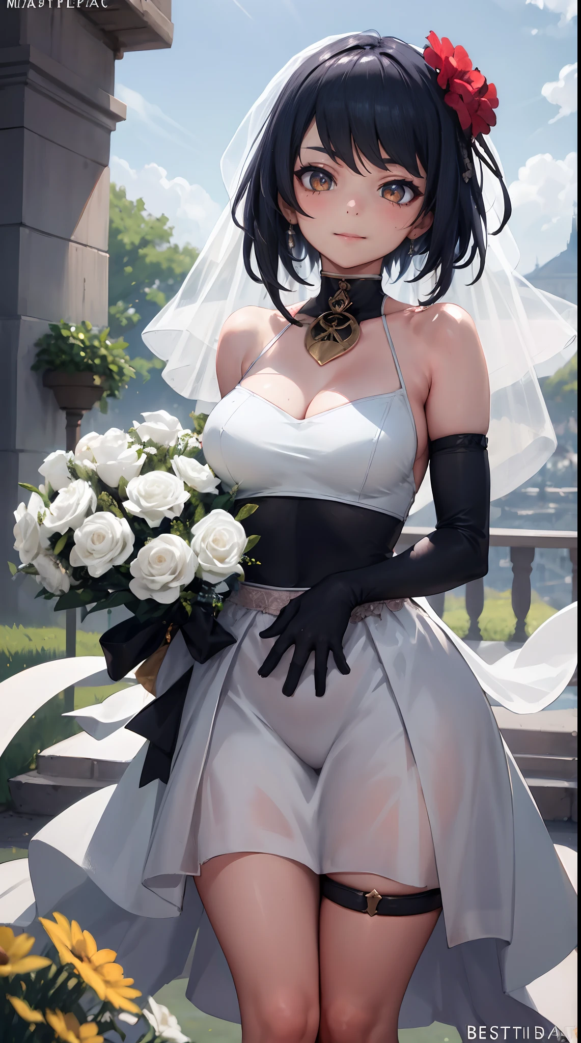 Kujou Sara | genshin impact, master-piece, bestquality, 1girls,25 years old, proportional body, proportional., Wedding Dresses, White Wedding Dress, Long skirt, wedding, ,bara, Standing in the middle of a flower garden, outdoor, wedding, The sky is beautiful, Both hands hold a bouquet of flowers........................................................., View viewers from the front., Thigh strap, Head tilt, bored, 10, 10, HD, slight smile,
