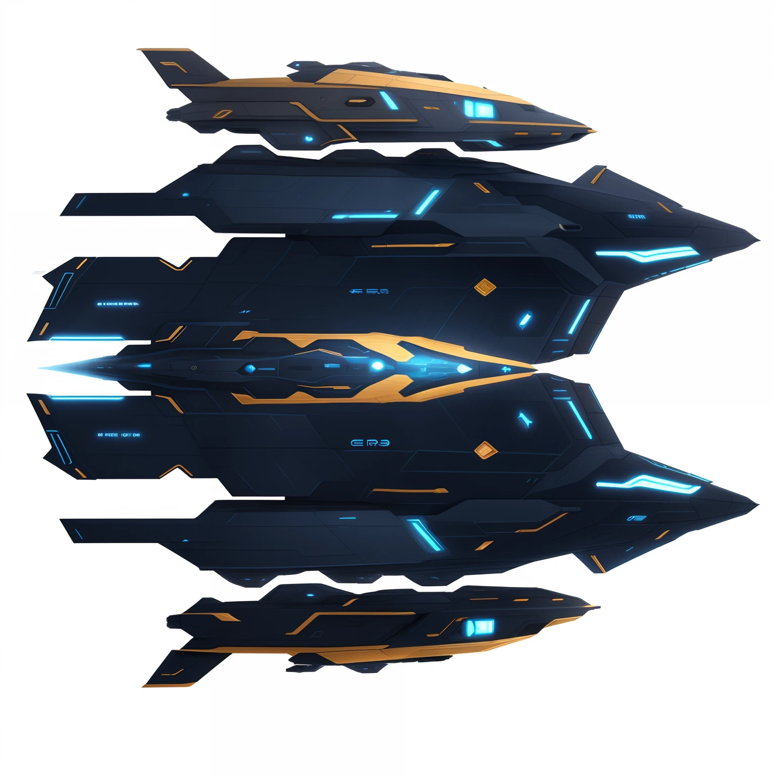 Spaceship, stellaris graphics, dark blue and light blue color themed