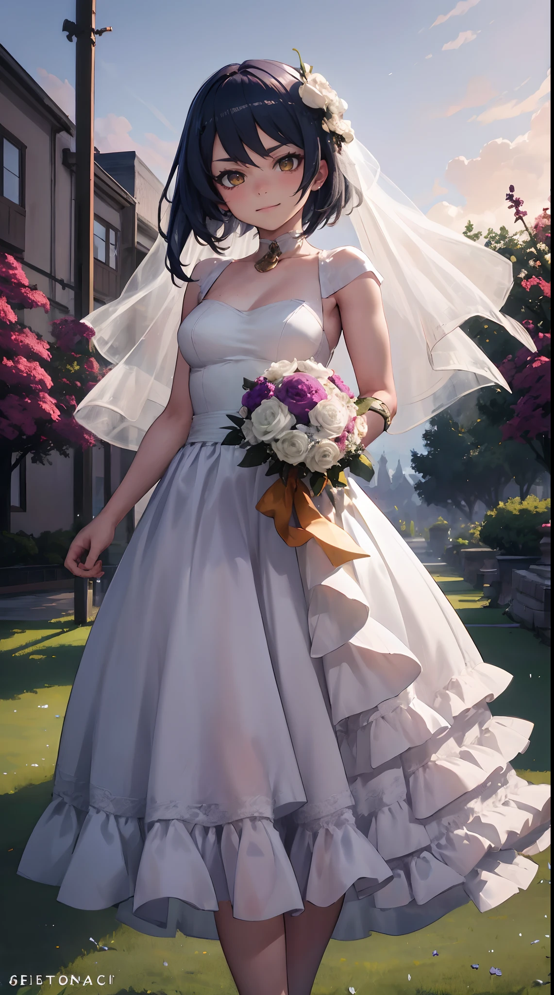 Kujou Sara | genshin impact, master-piece, bestquality, 1girls,25 years old, proportional body, proportional., Wedding Dresses, White Wedding Dress, Long skirt, wedding, ,bara, Standing in the middle of a flower garden, outdoor, wedding, The sky is beautiful, Both hands hold a bouquet of flowers........................................................., View viewers from the front., Thigh strap, Head tilt, bored, 10, 10, HD, slight smile,